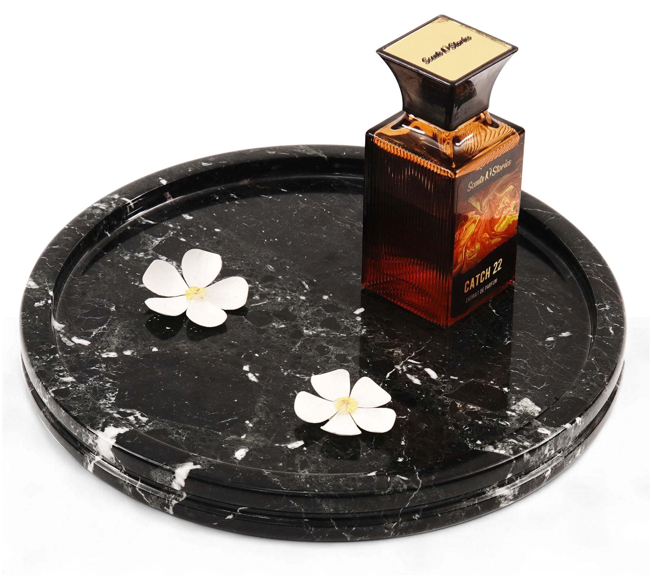Radicaln Bandeja redonda de mármol para tocador y mostrador de baño, bandeja de servir de 10 pulgadas | Bandeja de piedra decorativa negra hecha a mano para perfume, joyas y velas, bandeja de servir para fiestas