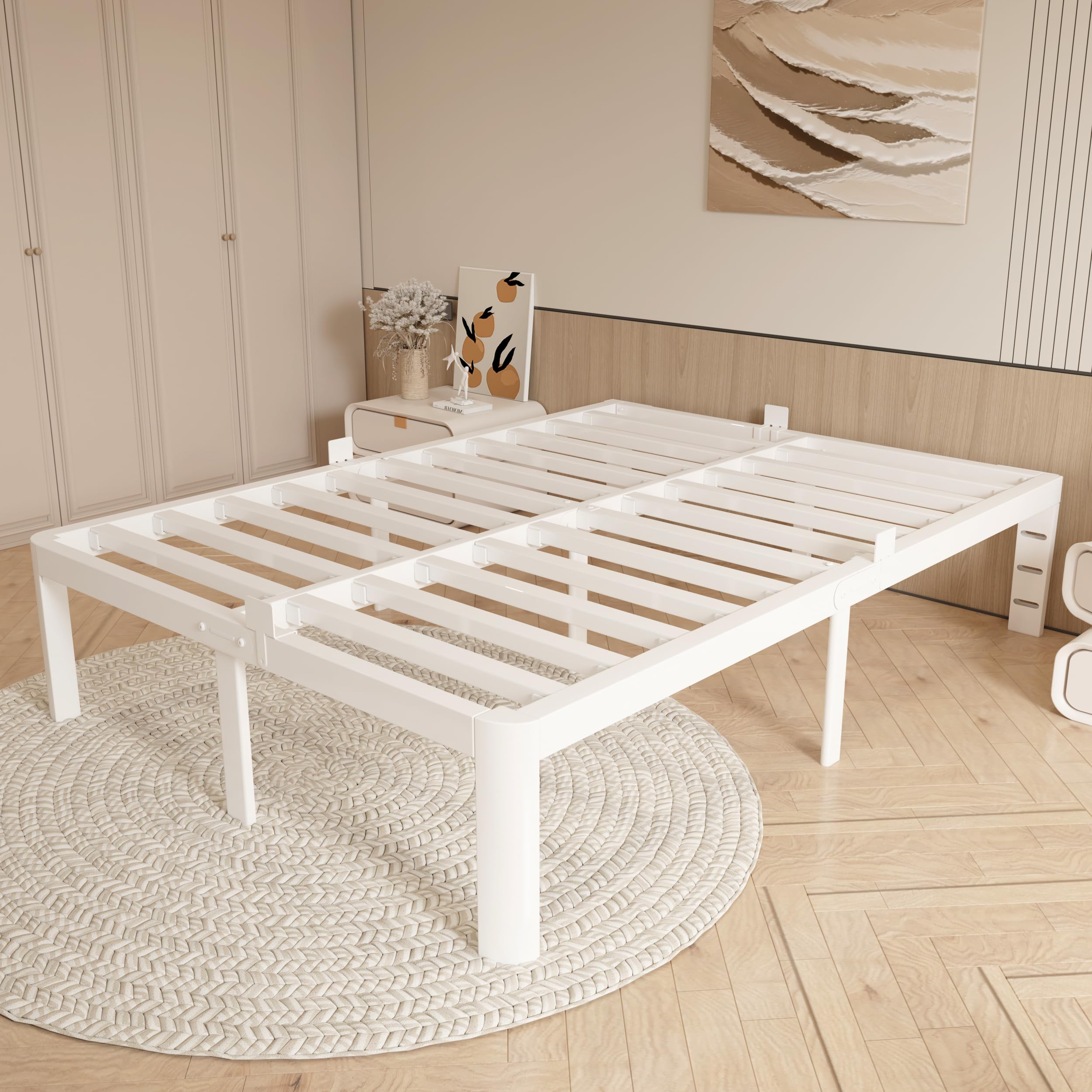 HQU 16 Inch King Bed Frame with Baffles, White King Size Bed Frame No Box Spring Needed, Heavy Duty Steel Support, Storage Space, Reserved Holes, Round Corner Legs, Easy Assembly, Noiseless