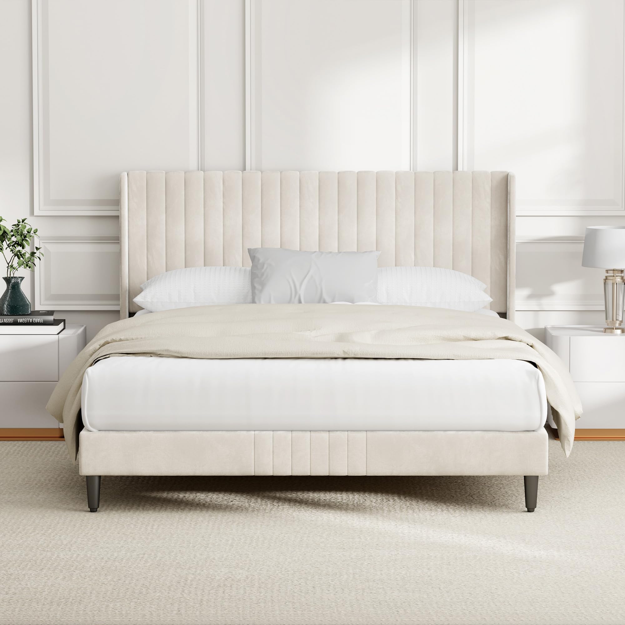 CozyLiving King Upholstered Bed Frame with Cozy Tufted Headboard, Wood Slat Support, No Box Spring Needed - CHARLIE (Beige)