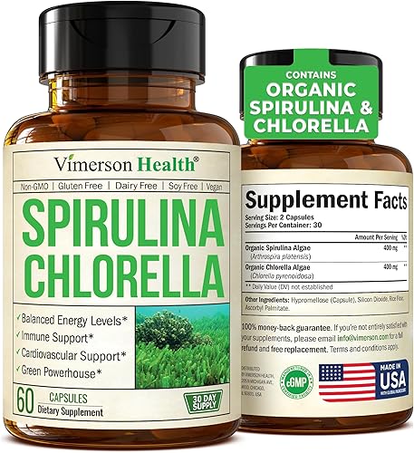 Cápsulas orgánicas de espirulina y clorella, cápsulas de espirulina con polvo de clorella para apoyo inmunológico, antioxidante y energético.