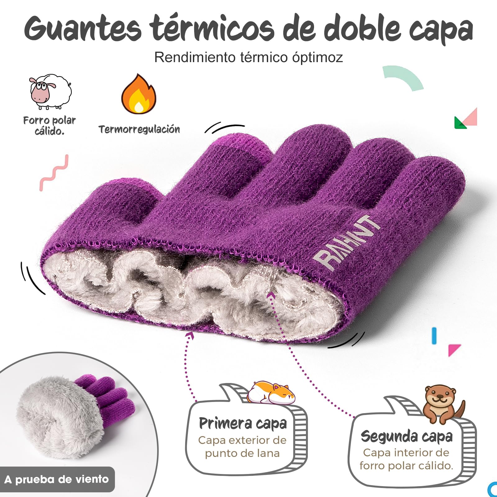 Rahhint Guantes Lana Invierno Termicos para Niños y Niñas 4-15 Años con Punto Pequeños Forro Polar Aislado