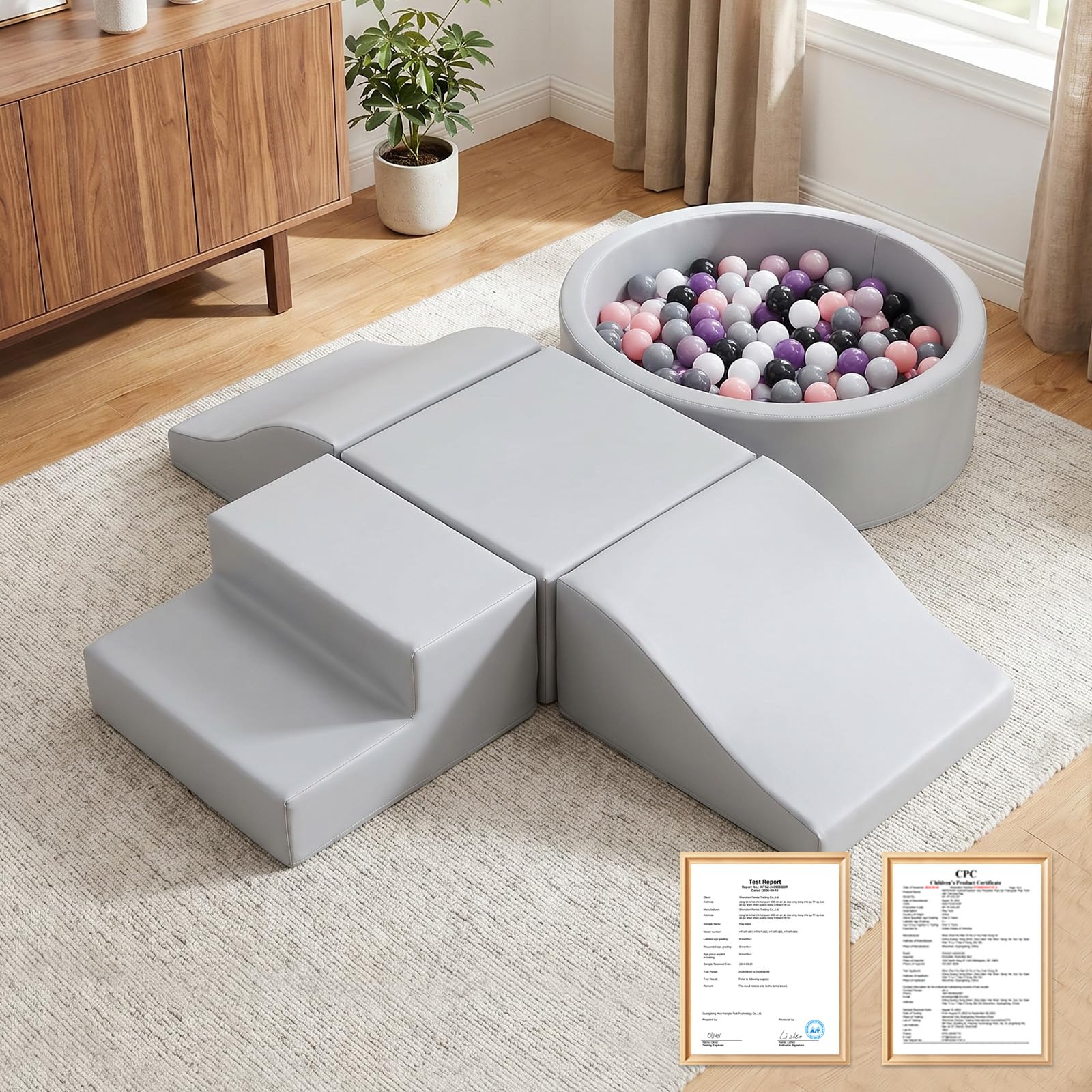 Lot de 5 jouets d'intérieur en cuir synthétique pour bébé avec piscine à balles (sans balles) - Jeu de blocs de construction en mousse - Convient pour les tout-petits - Jouet d'escalade et de ramper