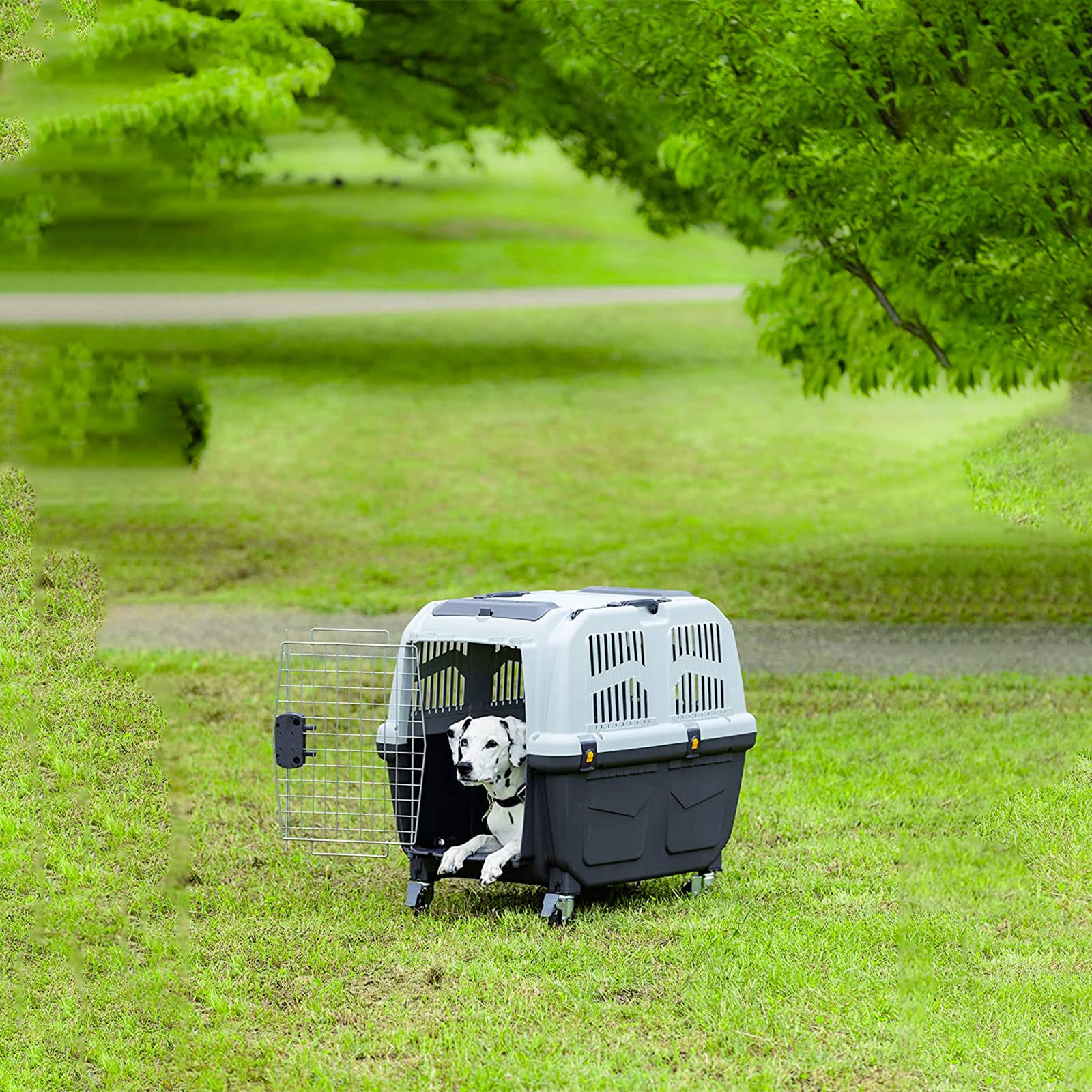 Mondo Viro - Transportín para perros y gatos de polipropileno con puerta de metal con cierre de seguridad de doble mando: cumple con las normas para el transporte aéreo en dos tamaños (grande 68 x 48