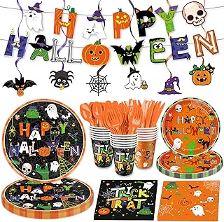 Halloween Party Supplies Set, Halloween Party Supplies Decoration - Paper Plates, Napkins, Cups, Cutlery, Banner and Hangi...
