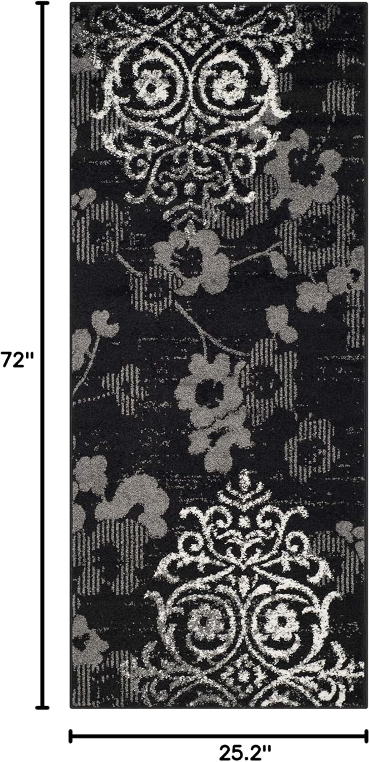 SAFAVIEH Adirondack Collection Runner Rug - 2'1" x 6', Black & Silver, Floral Glam Damask Distressed Design, Non-Shedding & Easy Care, Ideal for High Traffic Areas in Living Room, Bedroom (ADR114A)
