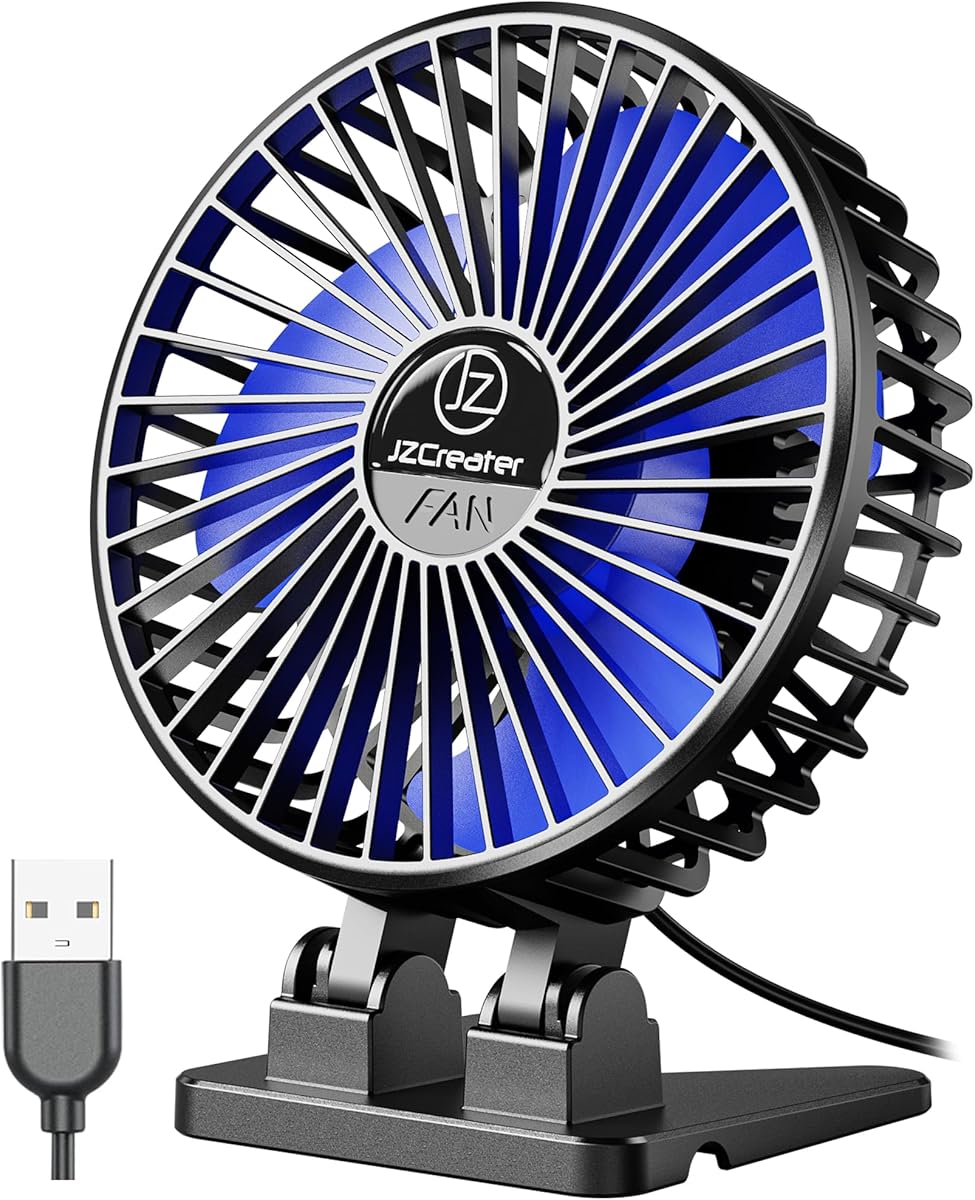 JZCreater USB Desk Fan, Mini Portable Fans, 3 Speeds Desktop Table Cooling Fan, Plug in Power, Rotation Strong Wind, Quiet Personal Small for Home Office Travel Bedroom, Black Blue
