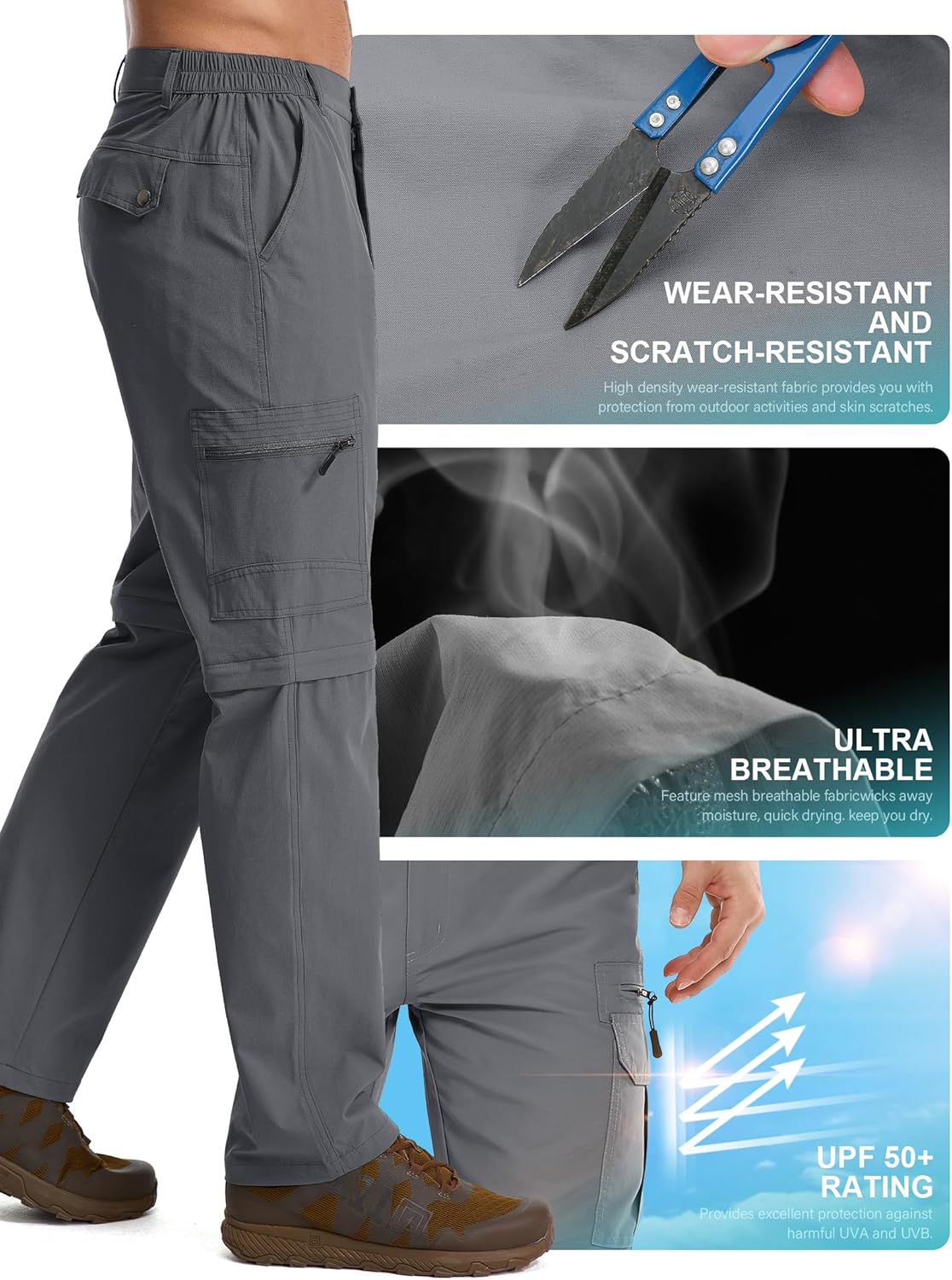 Mens Hiking Pants Convertible Quick Dry Lightweight Zip Off Fishing Travel Camping Safari for Outdoor Pants #6101-Grey-38 - Image 5