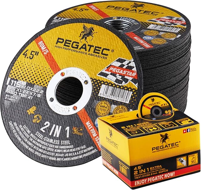 PEGATEC Cut Off Wheels 50 Pack, Quality Thin 4 1/2 x0.04x7/8 inch Cutting Disc, Metal & Stainless Steel Aggressive Cutting Wheel for Angle Grinder, General Purpose Metal Cutting (4.5inch)