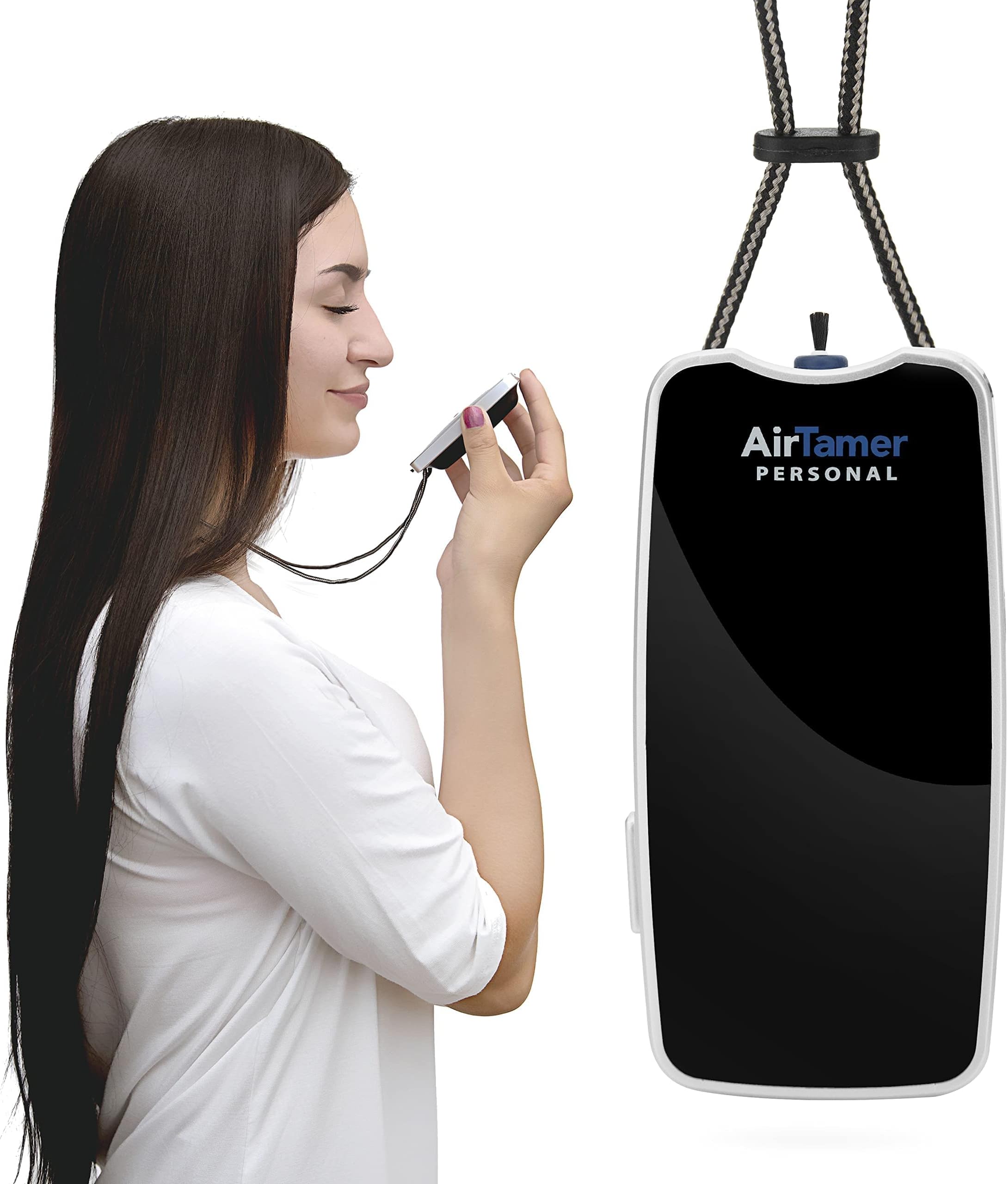 AirTamer A310 Personal Air Purifier Necklace โ Rechargeable Wearable Air Cleaner for Travel, Office & Everyday Use - Silent, Lightweight, Black with Metal Case