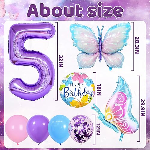 Miniatura 3 de 12 globos de mariposa morada, decoración de cumpleaños de mariposa grande, globos de papel de aluminio de mariposa, confeti, fiesta de 5 cumpleaños