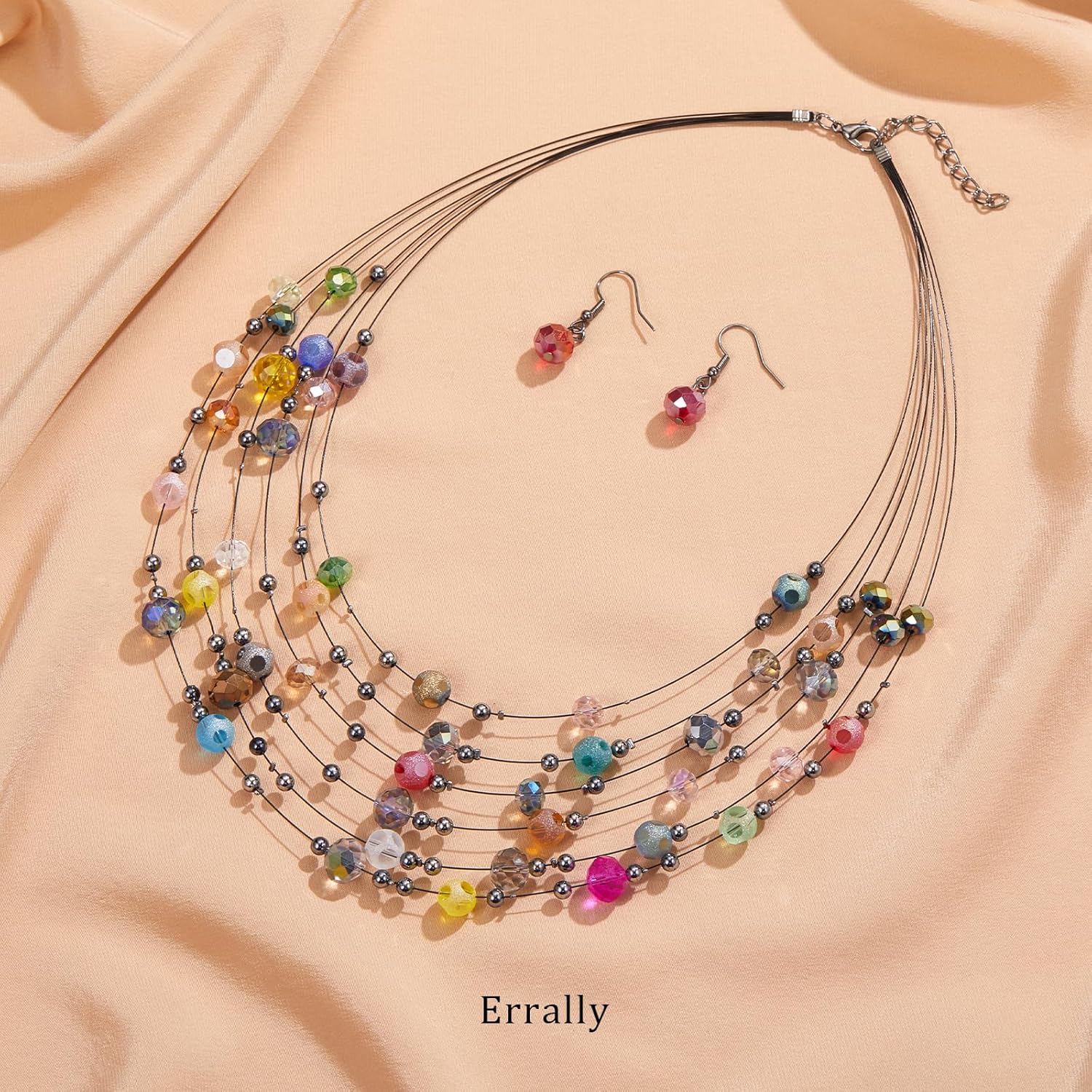 Crystal Beaded Statement Necklace for Women Boho Colorful Multi-Strand Necklace and Earring Sets for Women Fashion Jewelry Gifts for Mom - Image 2