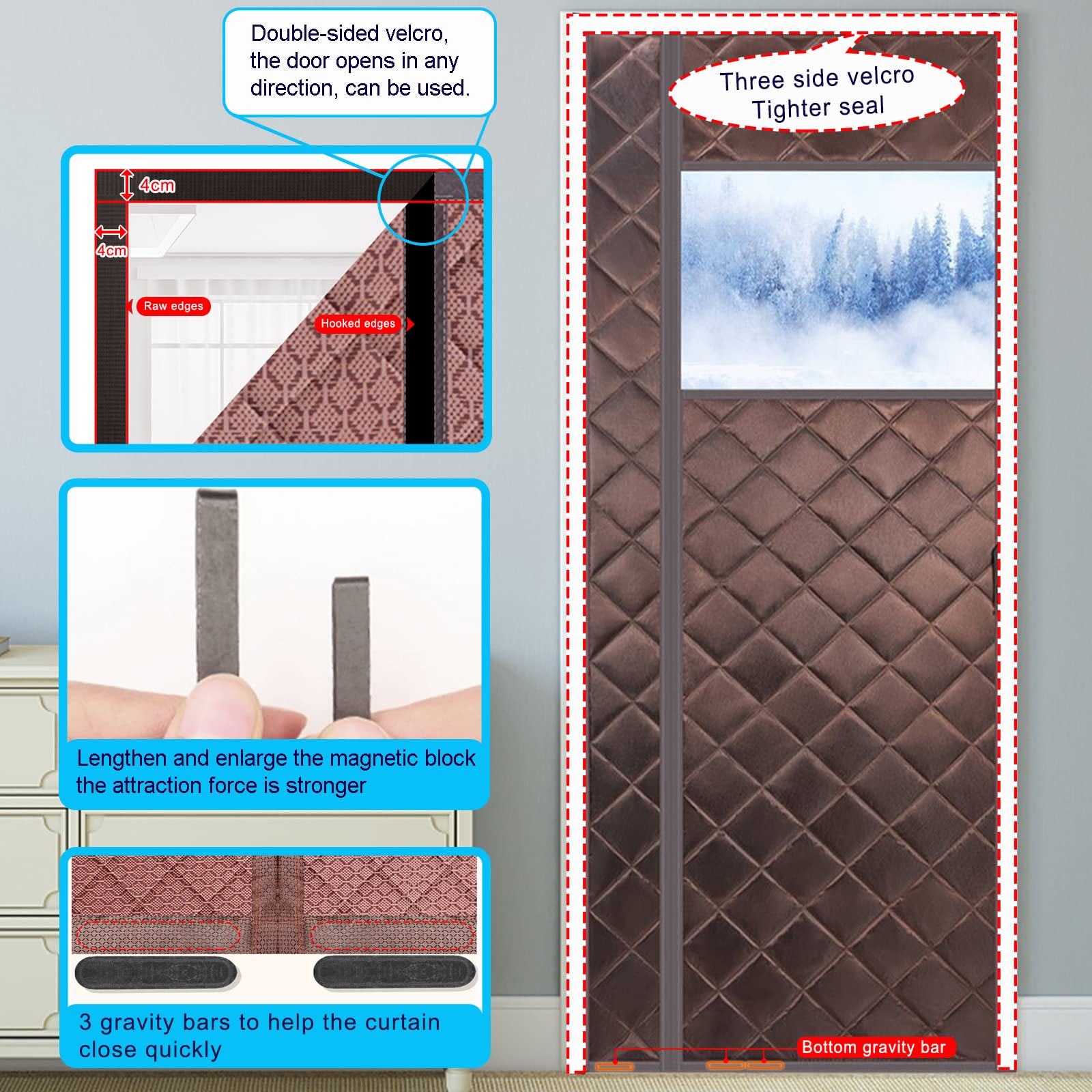 Wärmeschutzvorhang für Tür Ohne Bohren 110x205cm, Haustür Panel-Isolierung Oxford Fenster Wärmeschutz Vorhang für Außentür - Braun