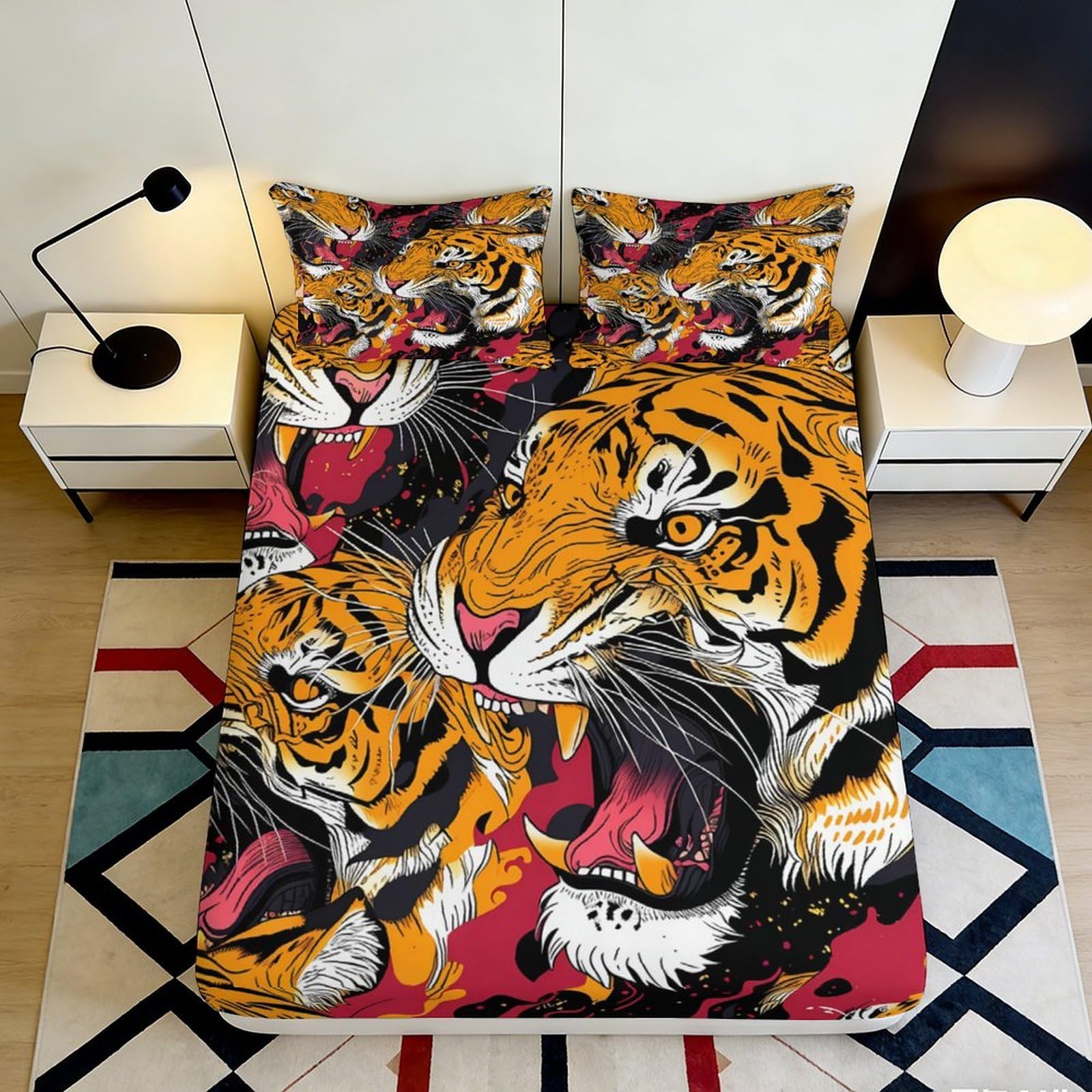 3D Printed Tiger Pattern Fitted Sheet Microfiber Soft Breathable Roaring Tiger Bed Cover for Bedroom Dormitory Guest Room Mattress Protection 180x200x25cm