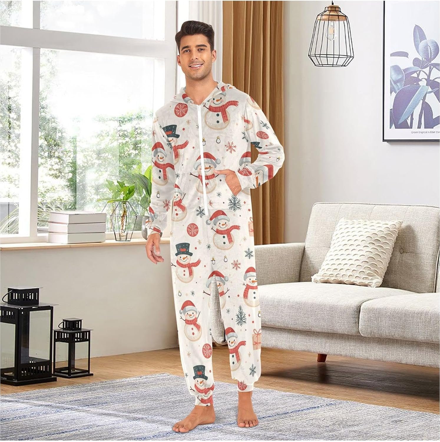 ZZKKO Merry Christmas Snowman Adult Onesie Pajamas for Women Men Cozy One Piece Pajamas Costume Zip-Up Hooded S-XL