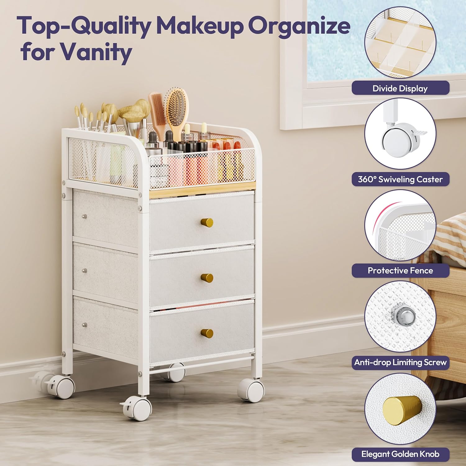 SWTYMIKI Rolling Makeup Organizer Cart - Under Desk Vanity Makeup Storage with 3 Non-woven Drawers, Nail Cart Organizer Cosmetic Display Cases Cabinet for Skin Care Perfume Nail Polish Brush Hair Tool
