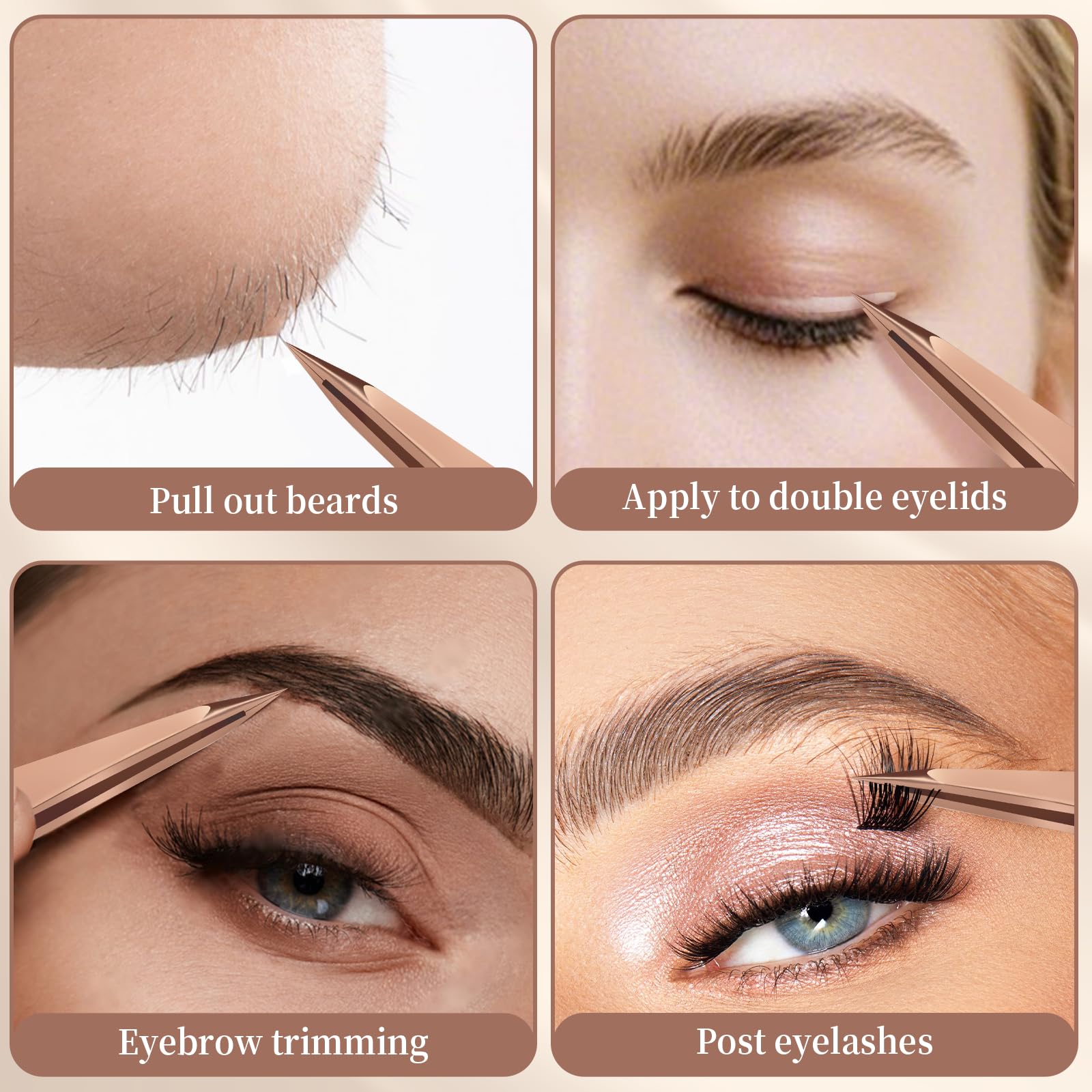 Pinzas de cejas para mujer, pinzas profesionales inclinadas para cejas, vello facial, barbilla y depilación encarnada (oro rosa) (pinzas puntiagudas)