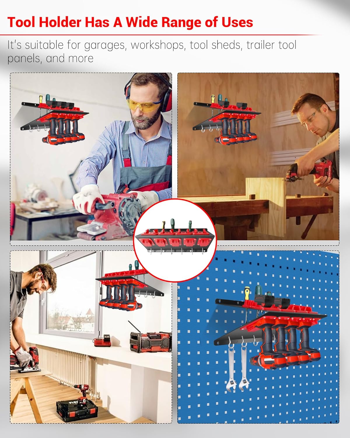 Wall Tool Holder Compatible with MiWoQi Series, Storage Tool Rack, Comes with 5 Hand Drill Bases and 5 Battery Bases, Workshops, Garage, Tool Sheds, Tool Carts