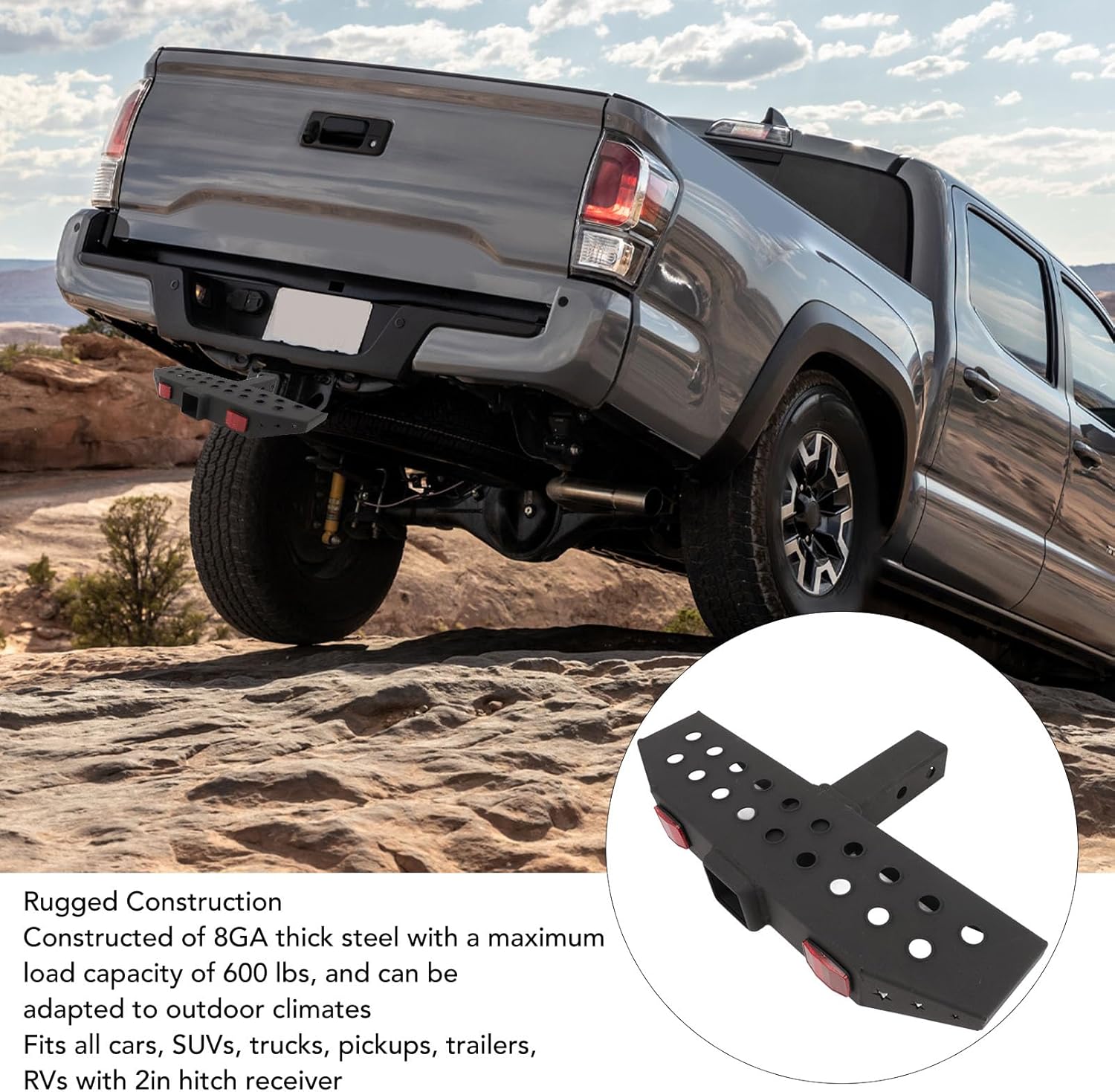 Heavy Duty Hitch Step, 600lbs Capacity, 2in Receiver, Steel Construction with Five eighths inch Pin and Reflective Strip, for SUV Truck RV Van