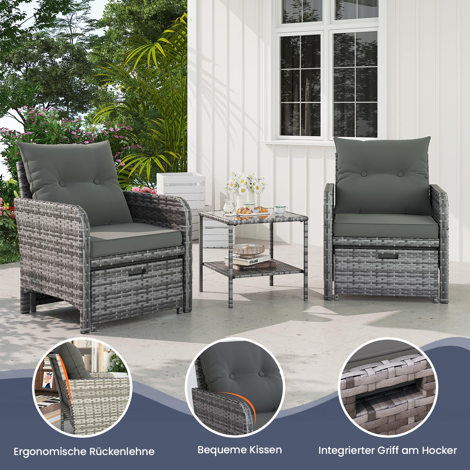 UDPATIO 5-TLG. Rattan Gartenmöbel Set, Balkonmöbel für Kleinen Balkon, inkl. 2 Gepolsterte Sessel, 2 Hocker, 2-stöckiger Kaffeetisch, Wetterfeste Terrassenmöbel für Garten, Terrasse (Grau-meliert)