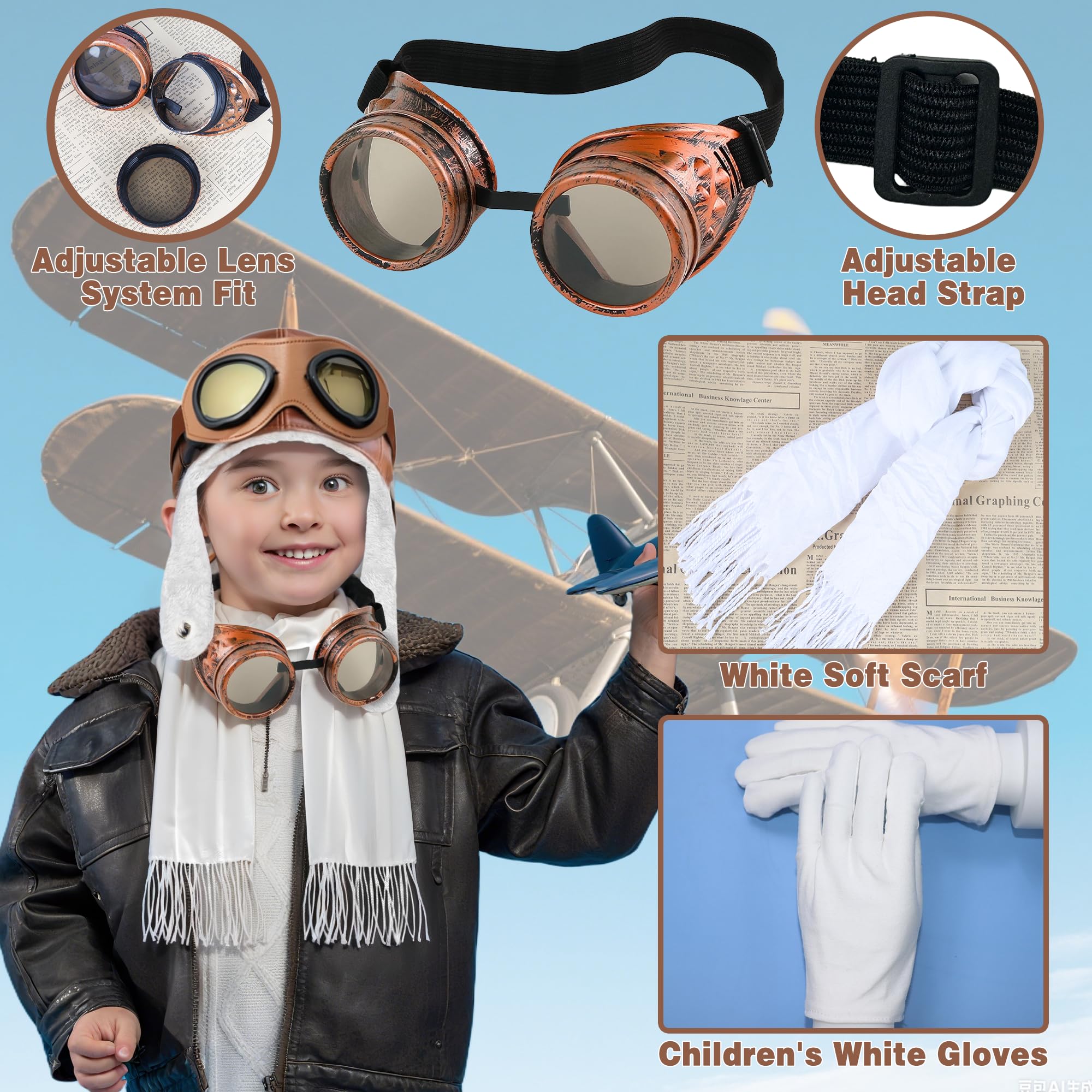 Bryndo 4 Pcs Airline Pilot Costume Set for Kids Pilot Hat Steampunk Goggles Fancy Dress Set including White Scarf Gloves Kids Aviator Costuem Accessories for Party Dress Up - Image 4