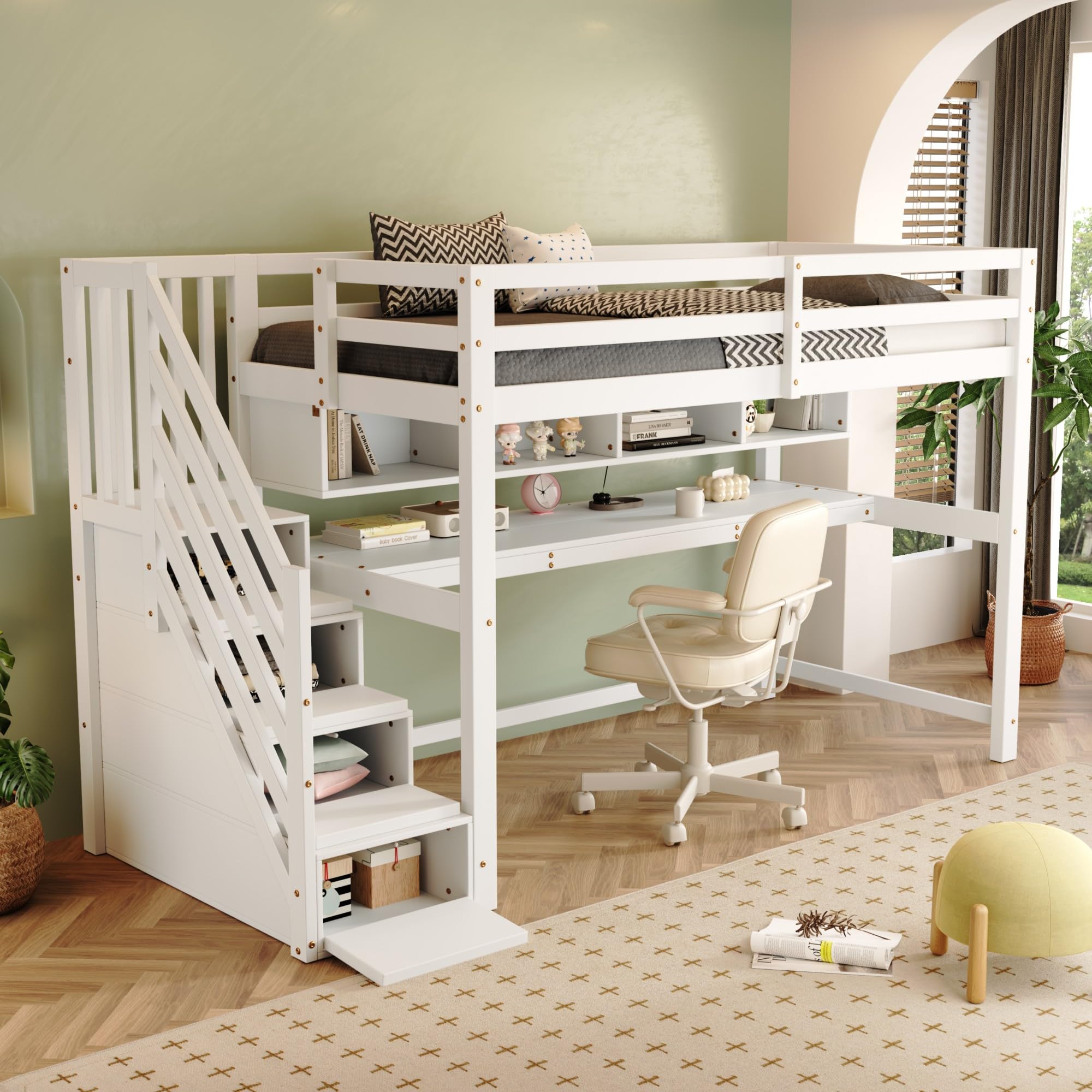 Hochbett Kinder 90x200 mit Schreibtisch, Kinderbett mit Stauraum-Treppe und Bücherregalen, Massivem Kiefernholz, Weiß,1 Kinder (B-Weiß)
