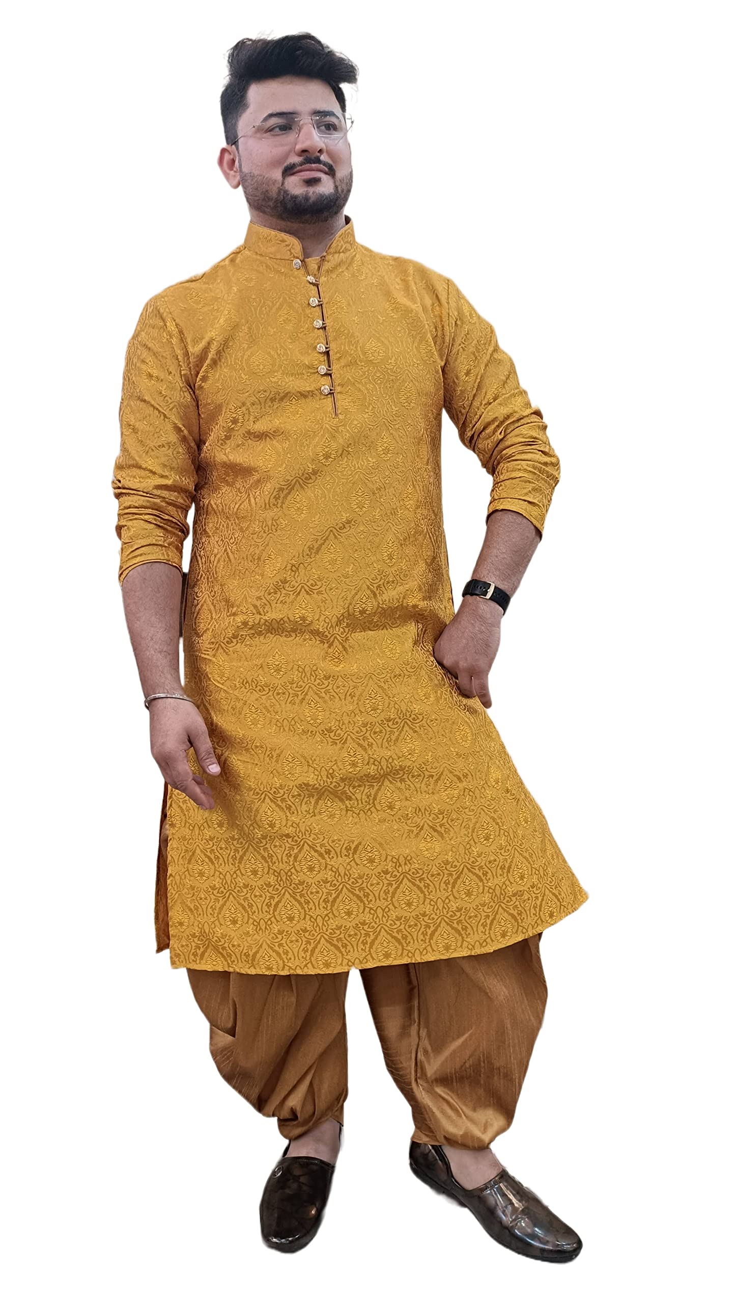 Men Jacquard Kurta and Dhoti Set(Yellow and Mustard) 42-image-8