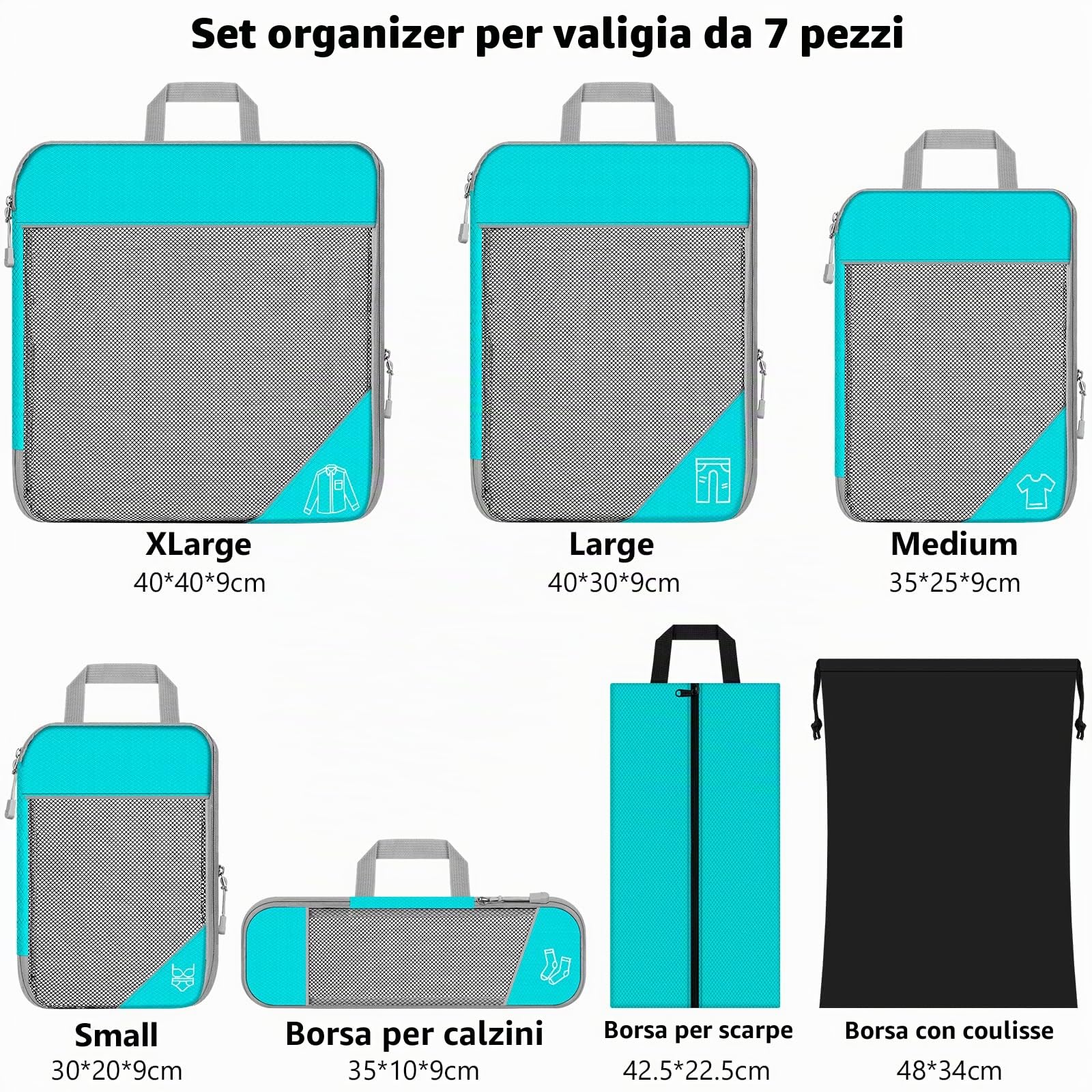 Set di 7 Organizer Valigia, Organizzatori da Viaggio a Compressione, Packing Cube per Vestiti, Scarpe, Biancheria Intima, Ultraleggero, Espandibile, Cielo Blu