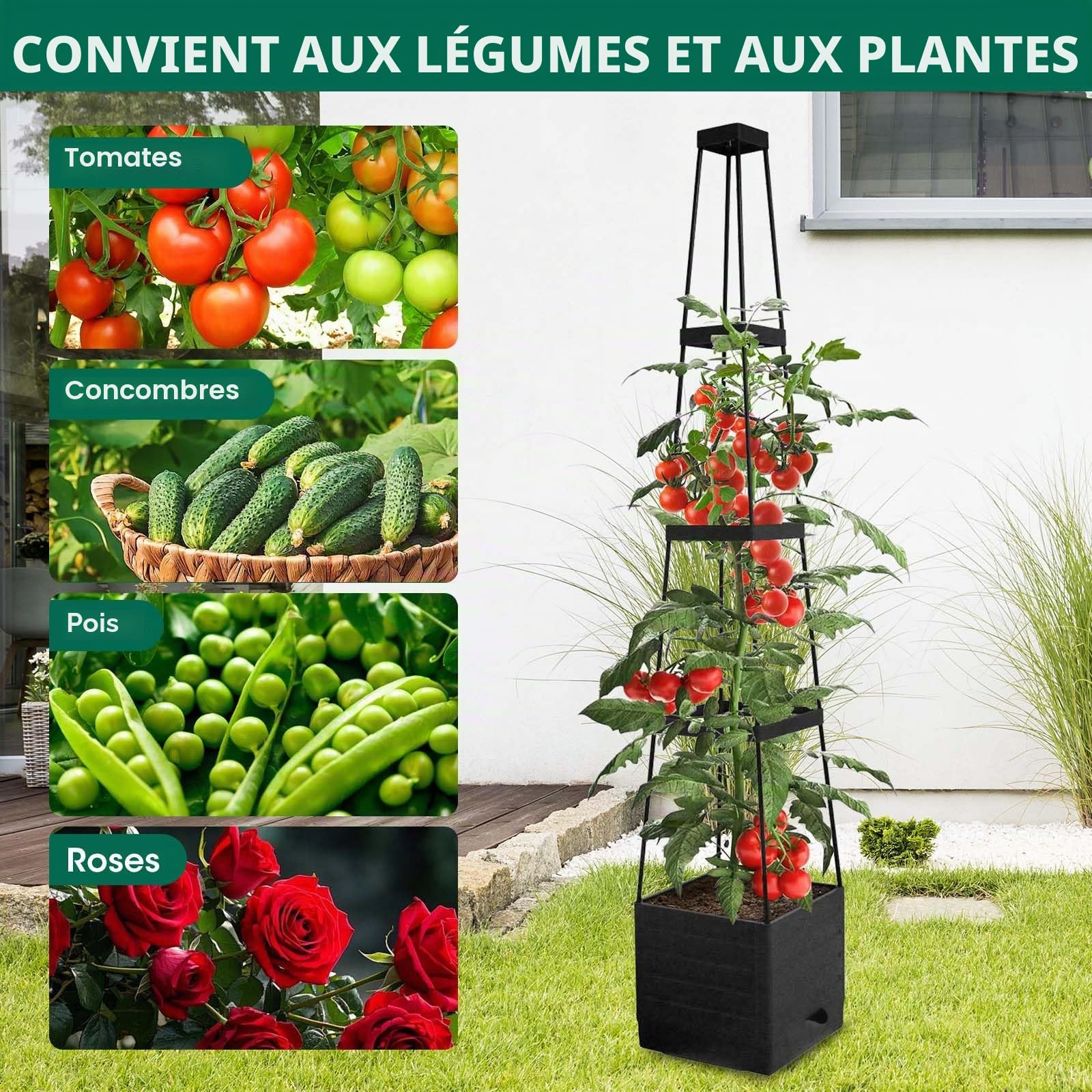 MYMULIKE Obélisque avec jardinière, Lot de 2 tuteur pour Plantes d'intérieur, avec jardinière Beau Support de Plantes en métal, Cadeau Jardinière surélevée en Plastique Noir