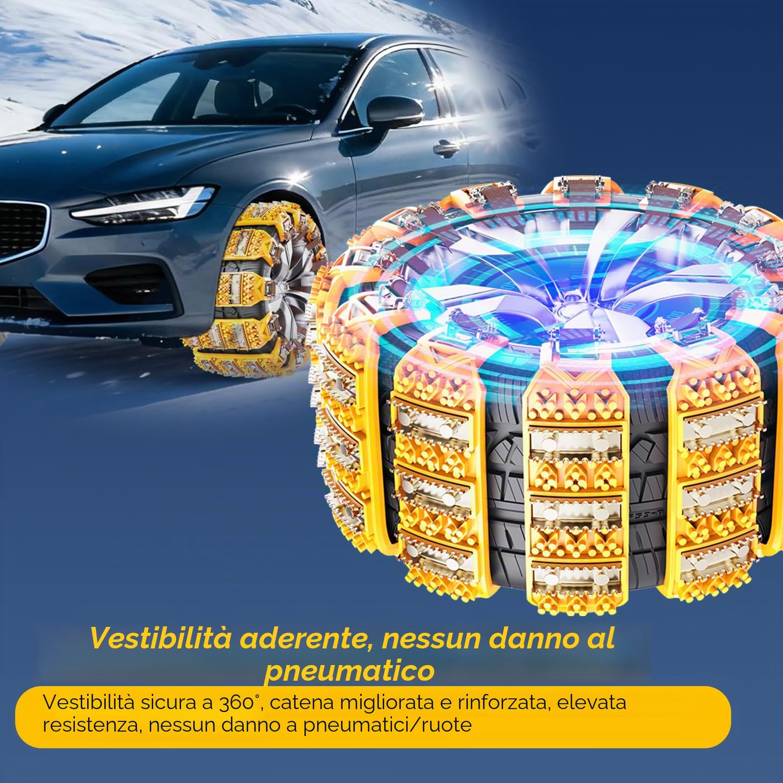 Catene da neve Oziral 8 pezzi regolabili per pneumatici 165-255 mm antiscivolo chiodate Giallo