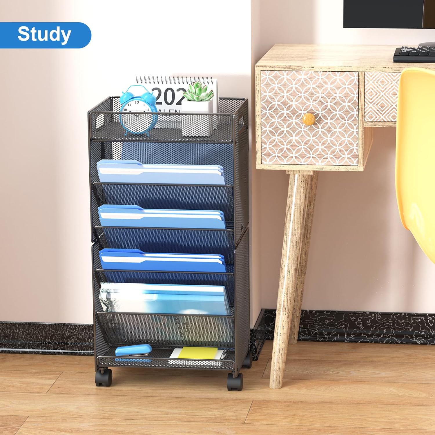 OUTWOLF 10-Tier Rolling File Cart, Beside/Under Desk File Organizer with Wheels, Paper Letter Tray Storage Cart for Office, Classroom, Homeschool Organization