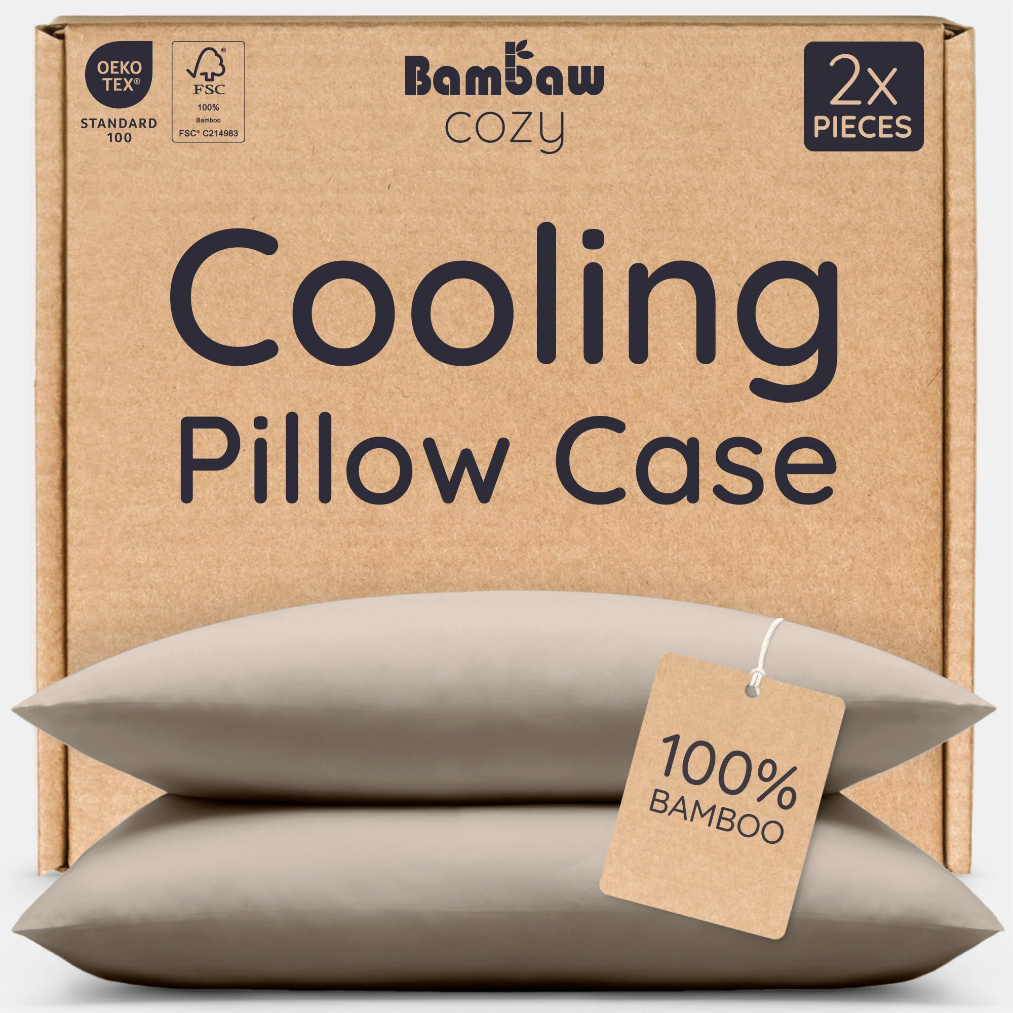 Bambaw Bamboo Pillowcase 50x75 cm, 2 Pack, Cooling Pillowcases for Night Sweats, 100% Bamboo Pillow Cases 2 Pack with Envelope Closure, Antibacterial & Hypoallergenic Cold Pillow Case 50x75 cm (Taupe)