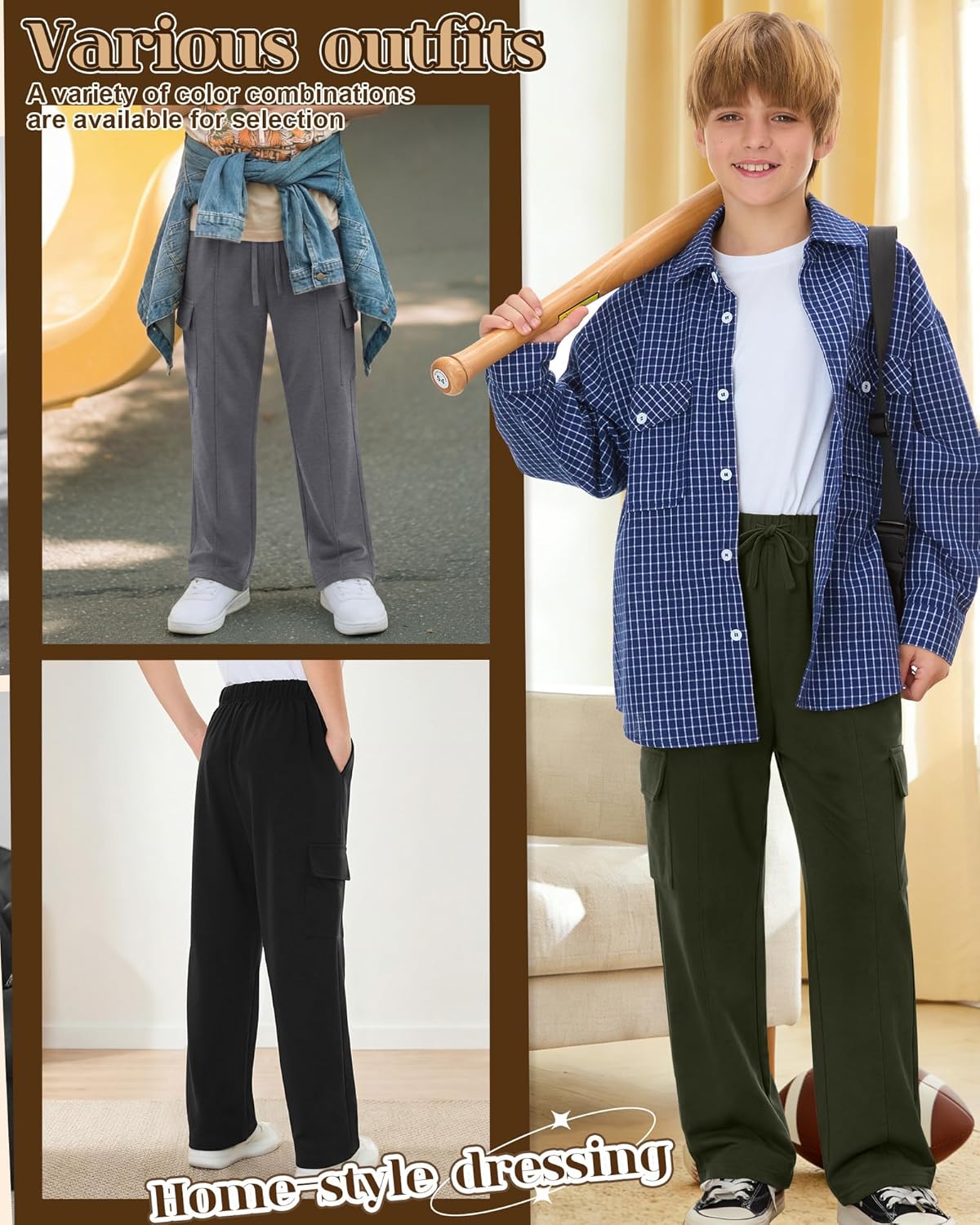 4 Pack Boy's Cargo Sweatpants Drawstring Elastic Waist Athletic Baggy Pants Casual Workout Joggers with 4 Pockets - Image 5