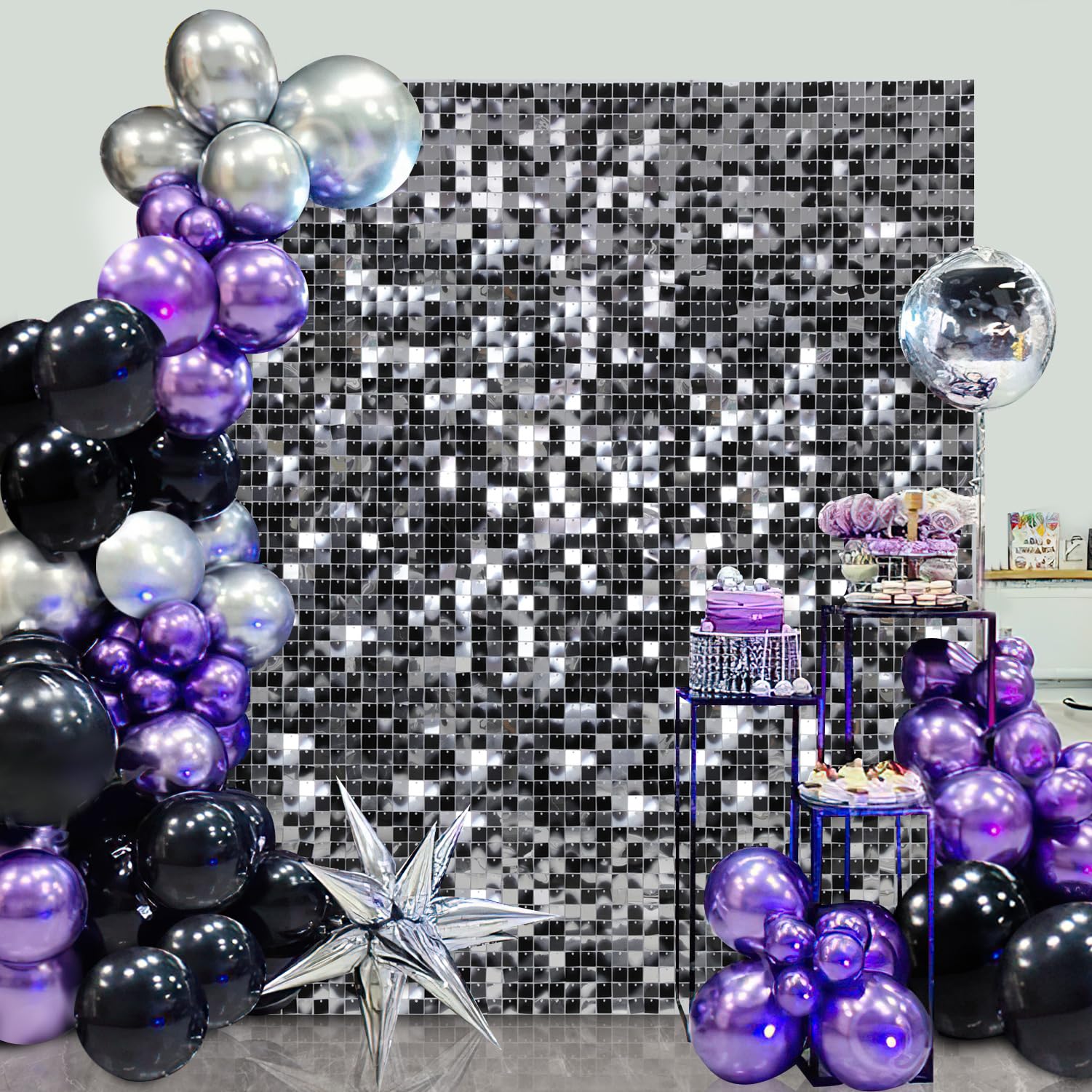 Schimmernder Pailletten-Wandhintergrund 1,8 X 1,8 M – Quadratische Paneele, Silber, Für Partys & Fotoshootings