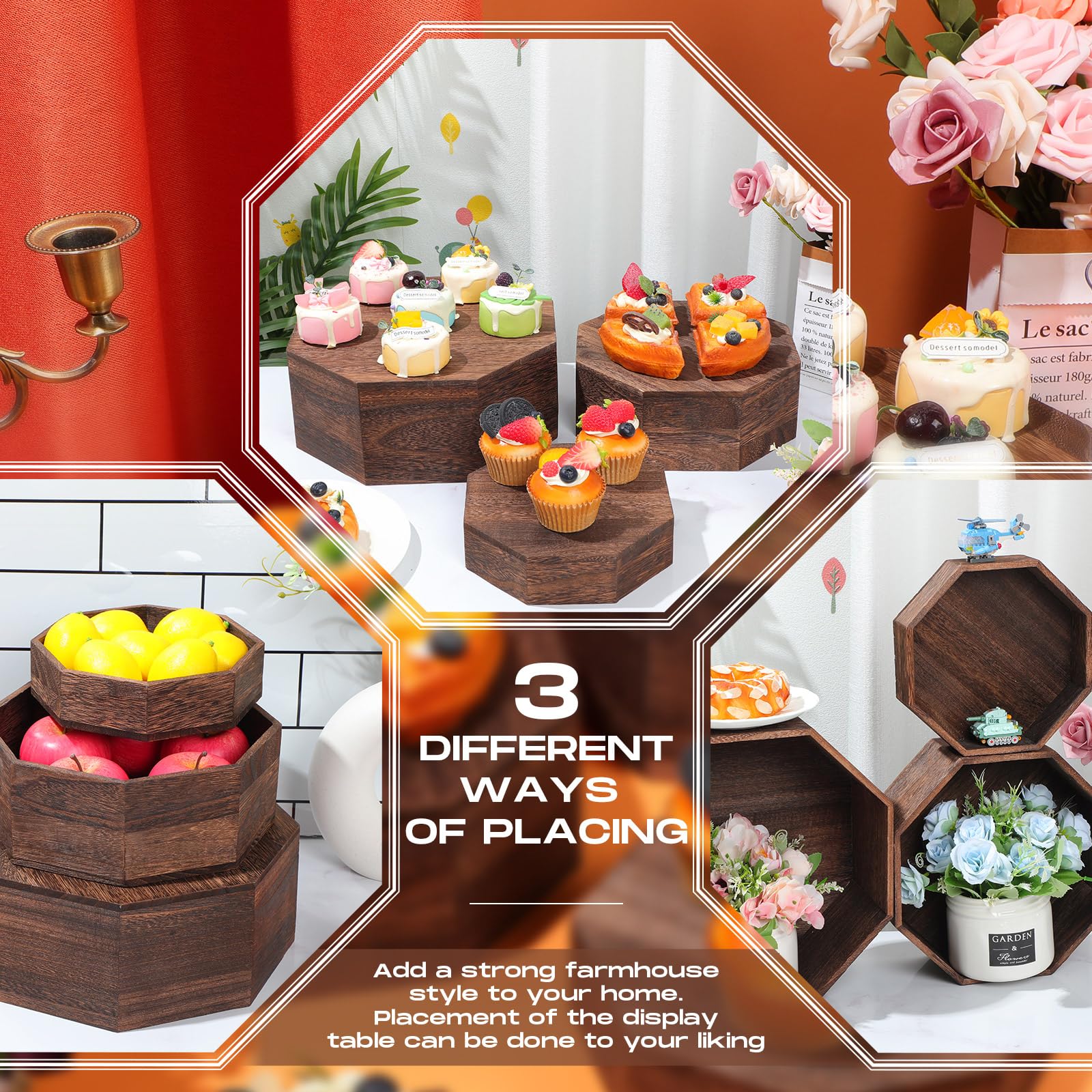 Menkxi Juego de 3 elevadores octangulares de madera, 3 tamaños diferentes, soporte para cupcakes, soporte de postre rústico blanqueado, caja de exhibición apilable para boda, cumpleaños, baby shower,