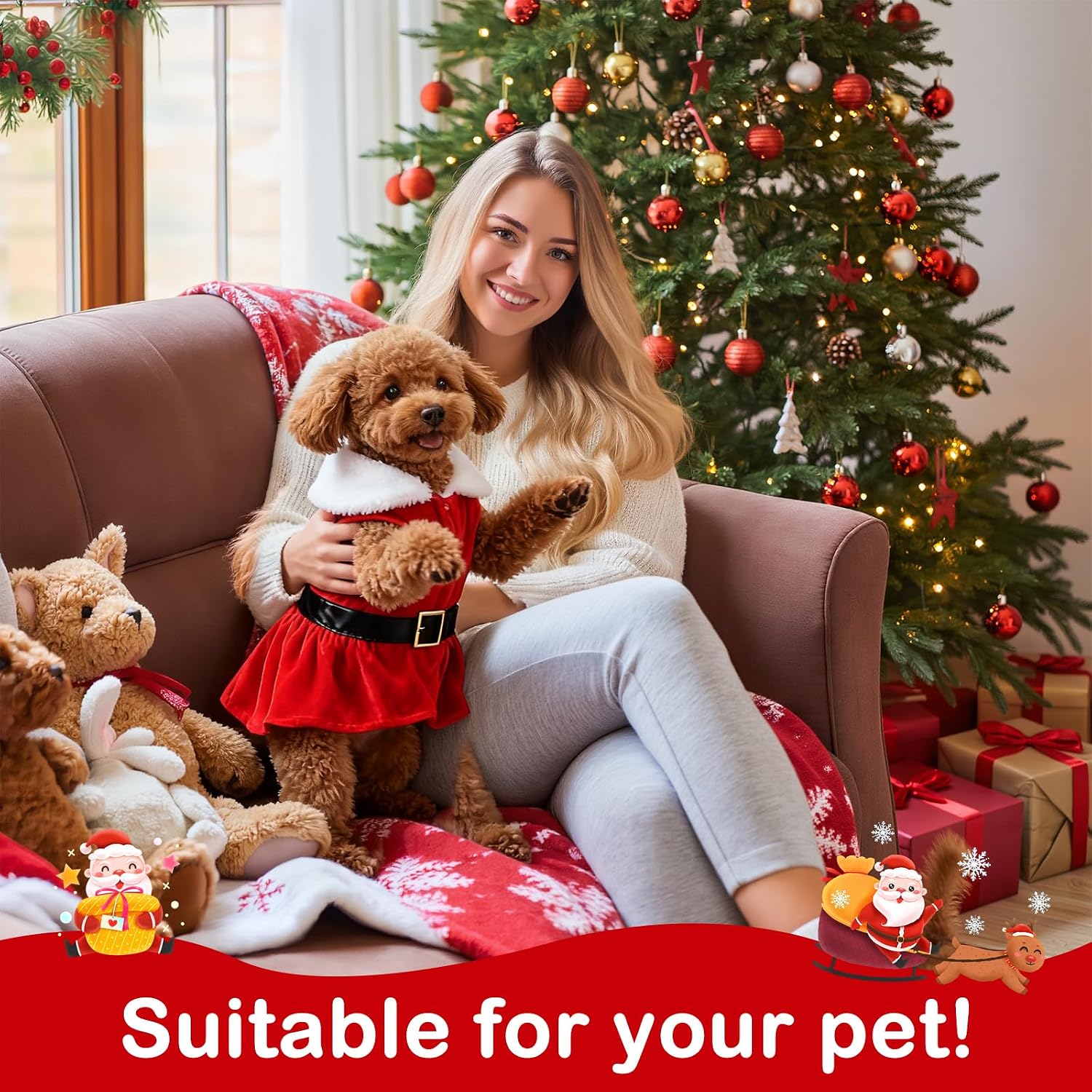 Dog Christmas Dress Outfit for Girl Dogs - 3 Pcs Puppy Clothes Set, Red Belt & Green Sparkly Sequin & Tulle Style Skirts for Small Medium Large Dog, Xmas Pet Cat Costume Dresses Outfits (S)