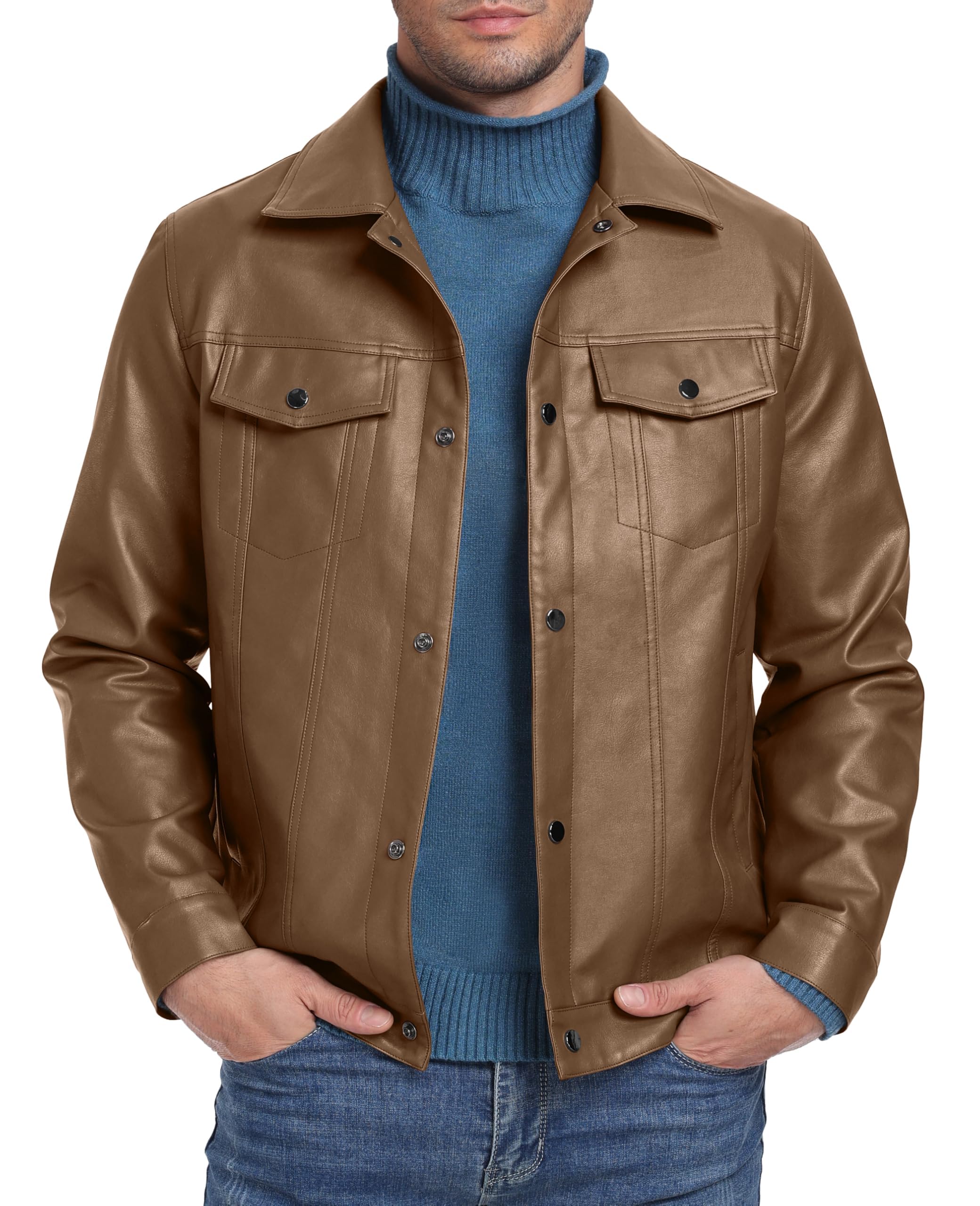 Sailwind Men's Leather Jacket Lapel Collar Motorcycle Coat Snap Button Faux Leather Bomber Jackets Khaki L