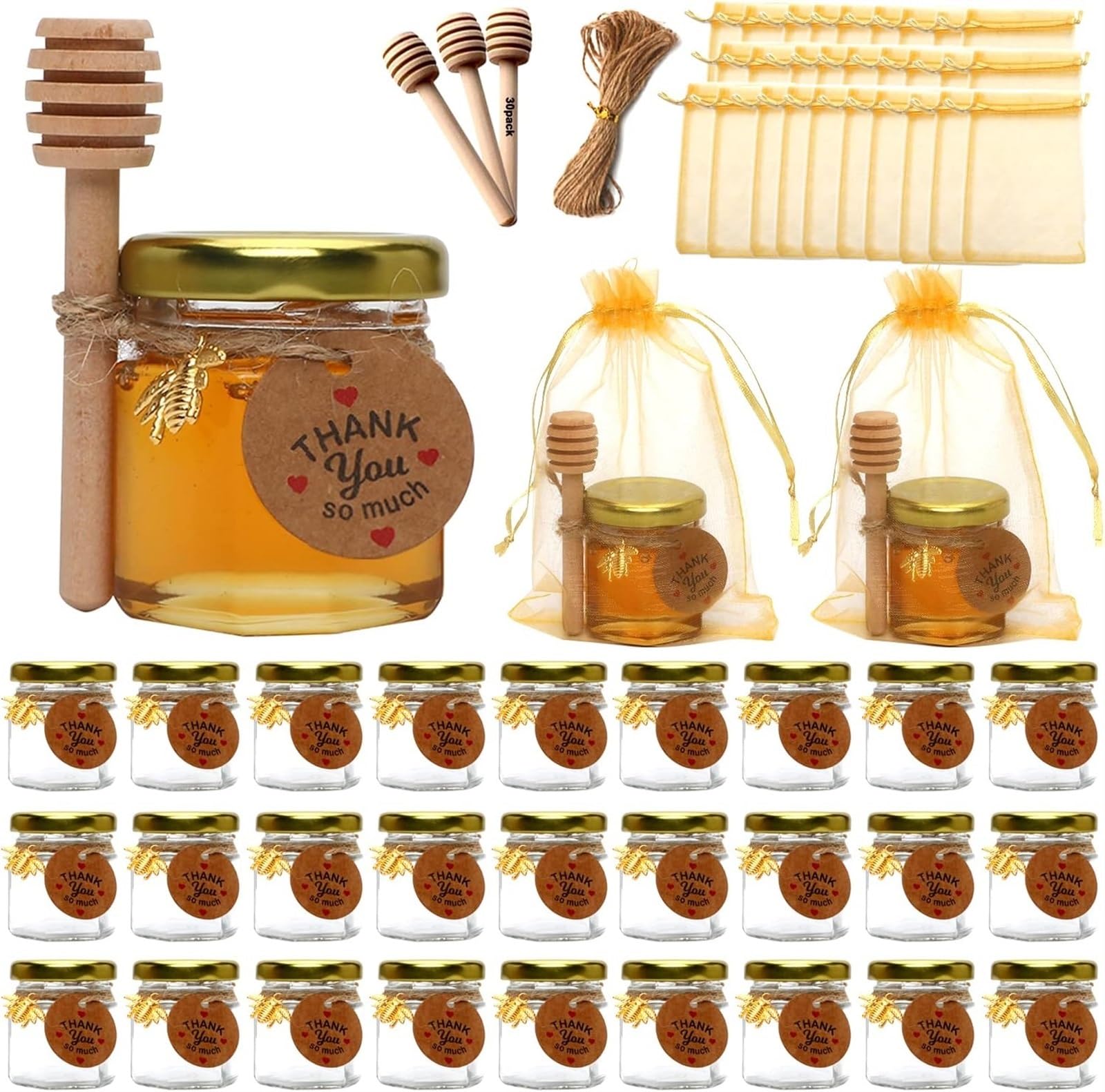 THE WHITE SHOP 30 PACK 1.5 oz Mini Glass Honey Jar, Small Hexagonal Honey Jars with Wooden Dipper Gold Lid Bee Charms Gold Gift Bags and Rope for Shower Wedding Party Favors