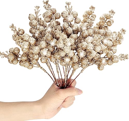 Miniatura 2 de 16 tallos de bayas artificiales con purpurina, púas de Navidad esmeriladas de 9 pulgadas, ramas de bayas de acebo con purpurina para rellenos de