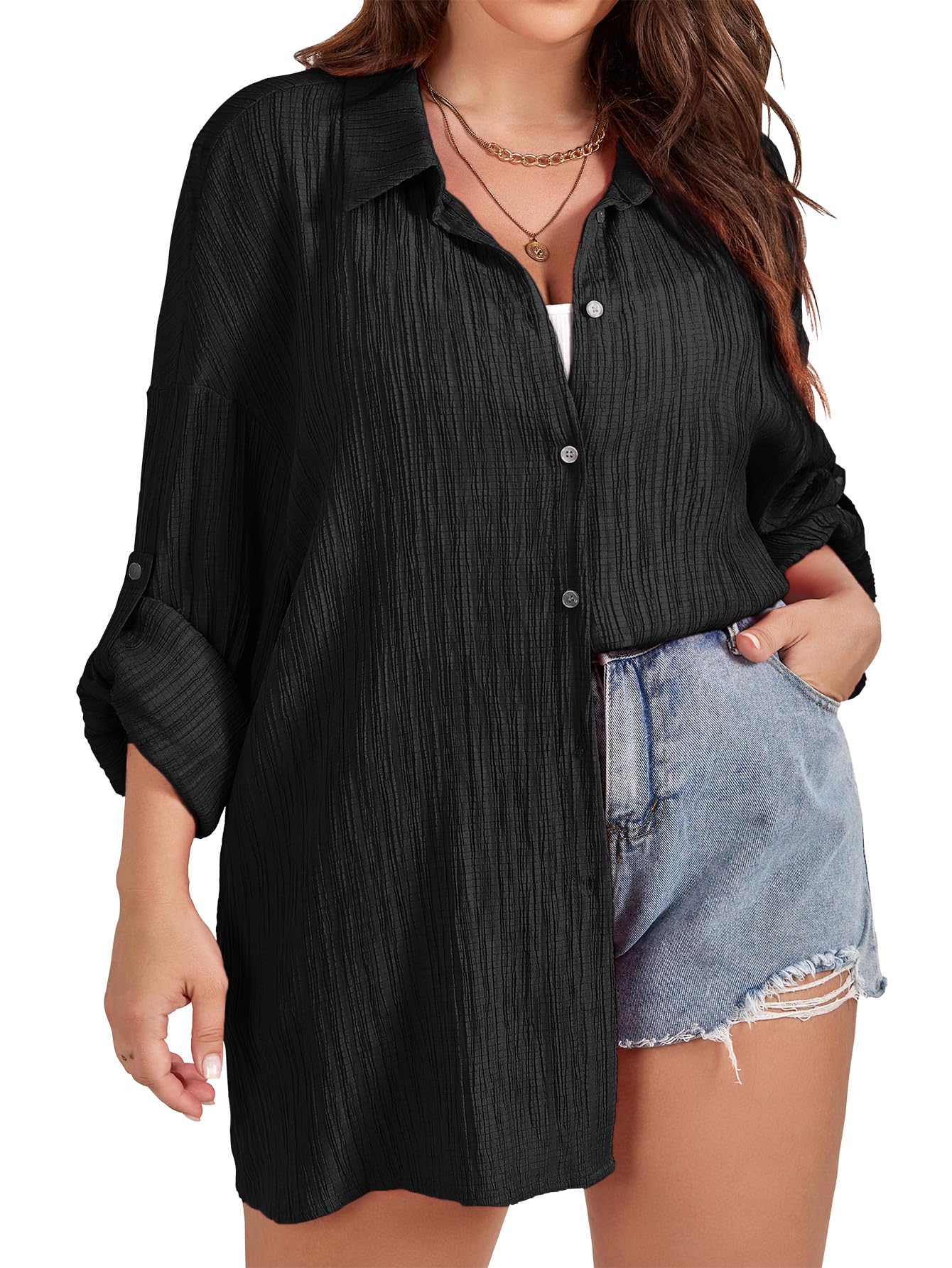 SCOMCHIC Women Plus Size Button Down Shirts Long Roll Up Sleeve V Neck Collared Casual Blouses Oversized Shirt Tops