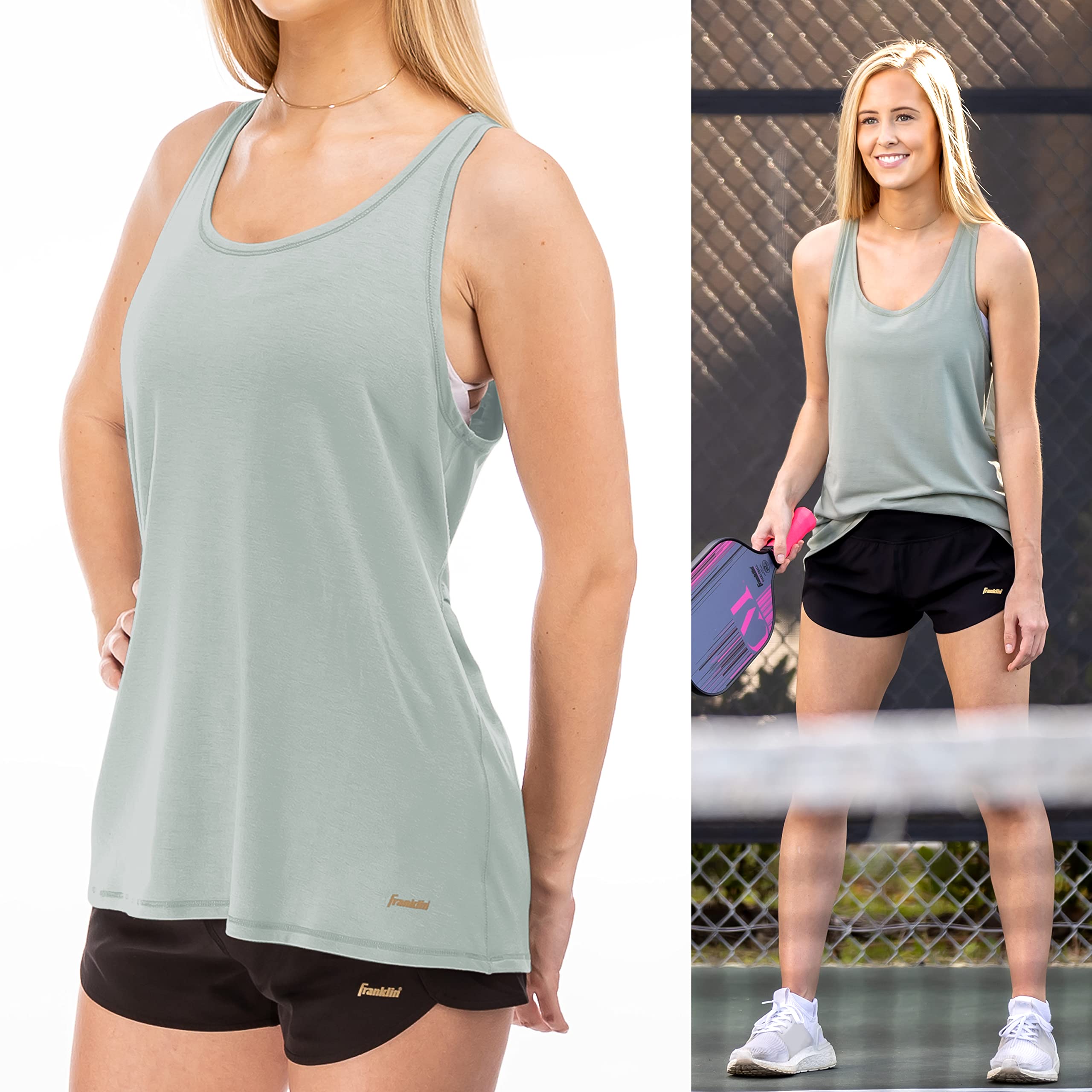 Franklin Sports Camiseta Sin Mangas con Espalda de Celosía de Aloe para Mujer, Ajuste Relajado Camisa de Tenis