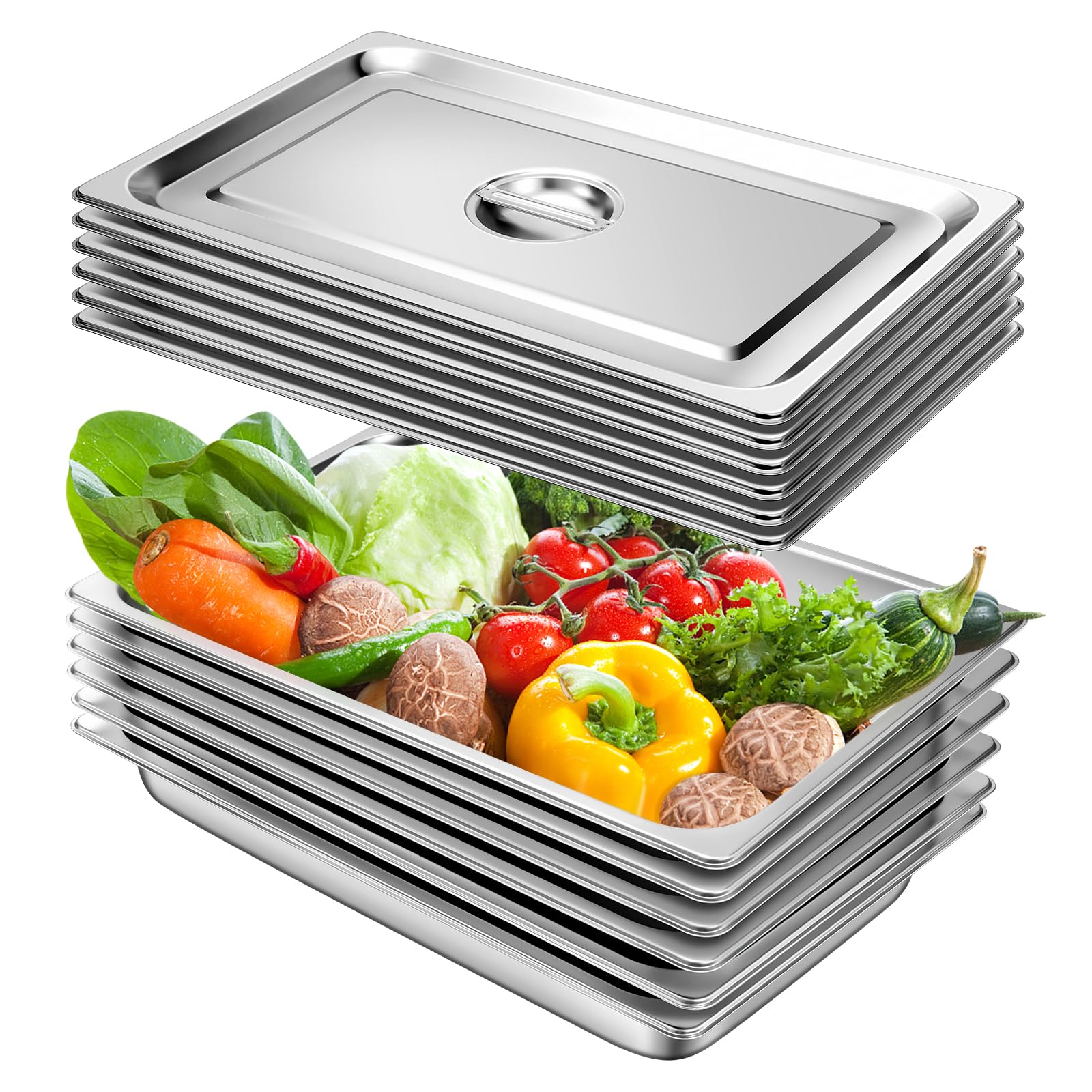 hotel pan with lids 6 pack full size 2.5" deep stainless steel steam table pan, commercial food pans for catering buffet chafing dish pans metal steam tray (1/1 full size x 2.5 inch deep, 6 pack)