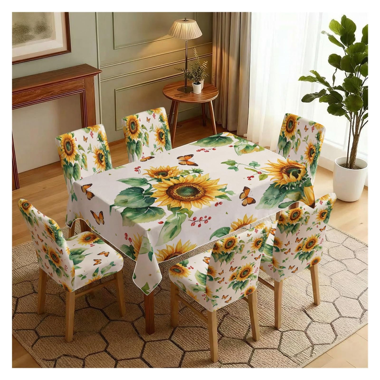 KXUAUV Sunflower Butterfly Dining Tablecloth & Chair Cover Set, 5/7 Piece Watercolor Floral Slipcovers For Rustic Farmhouse Home Decor Party Decor(7pcs Set: Tablecloth+Chair Covers)