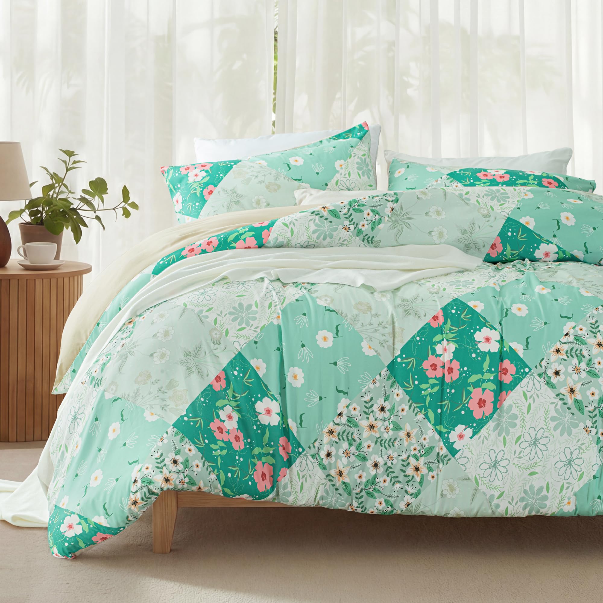 Whale Flotilla Double Duvet Cover Set, 3-Piece Soft Microfiber Printed Floral Bedding Sets with Pillowcase, Reversible Quilt Cover Sets with Zipper Closure and Corner Ties, 200x200cm, Green
