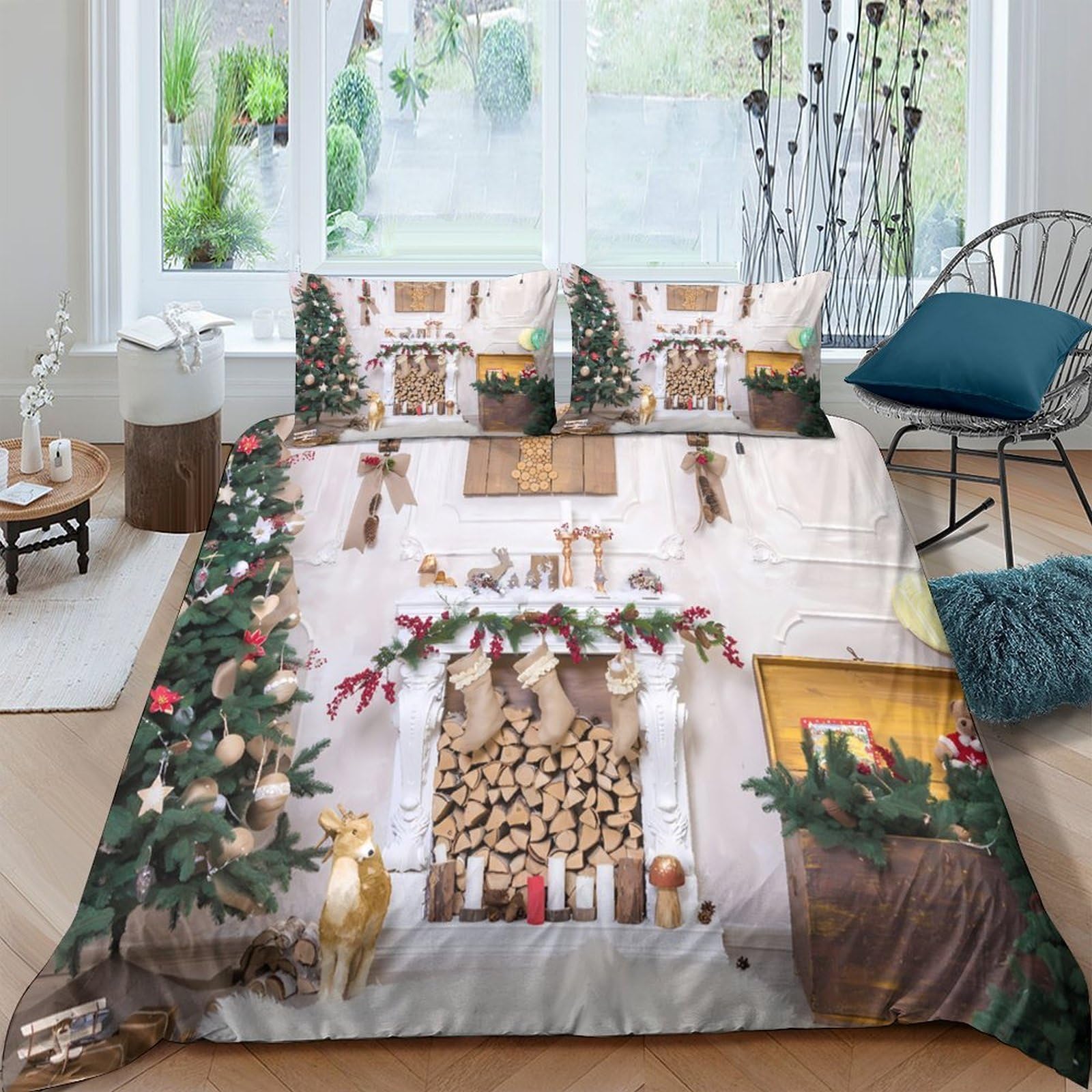 Ctjqhvkz Style-9 3D Printed Christmas Fireplace Fitted Sheet Microfiber Soft Festive Tree Bed Cover For Bedroom Guest Room Decor Single（135X200cm）