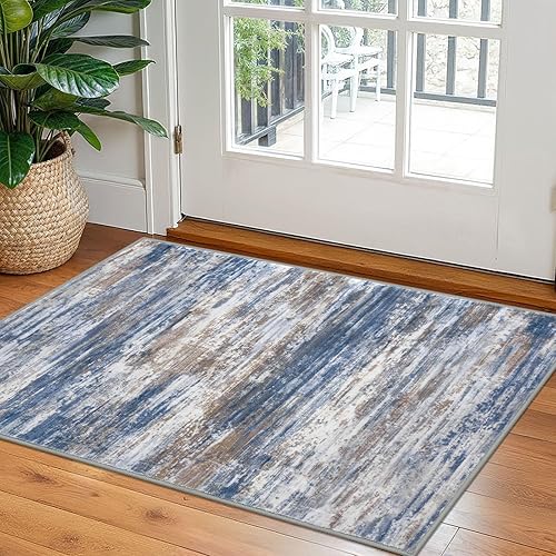 Miniatura 58 de KOZYFLY Alfombra moderna abstracta lavable de 2.6 x 10 pies, antideslizante, suave, alfombra de camino de cocina, alfombra a rayas azules óxido para
