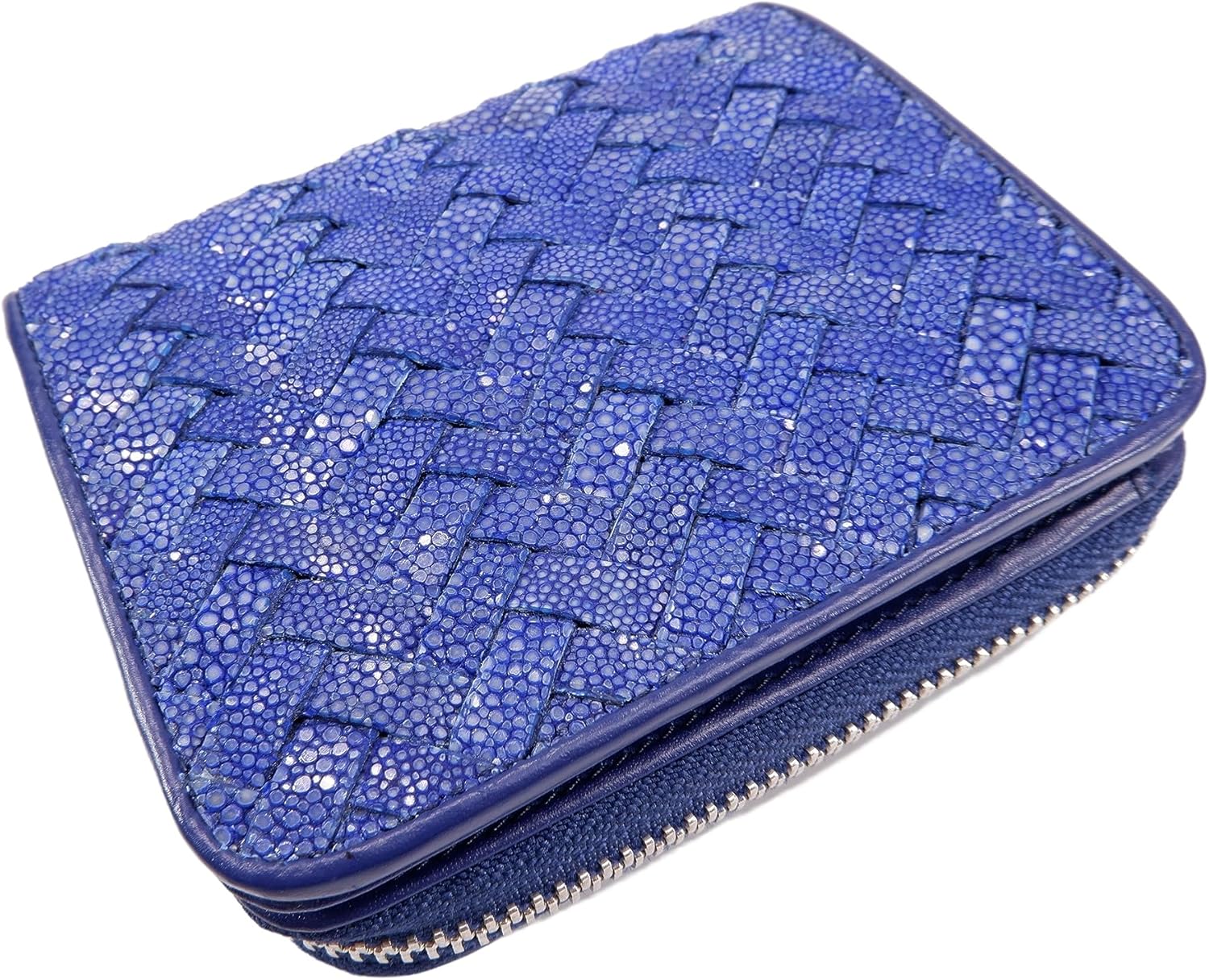 Genuine Polished Stingray Skin Leather Zip Around Medium Clutch Wallet Coins Purse (Ultramarine Blue)