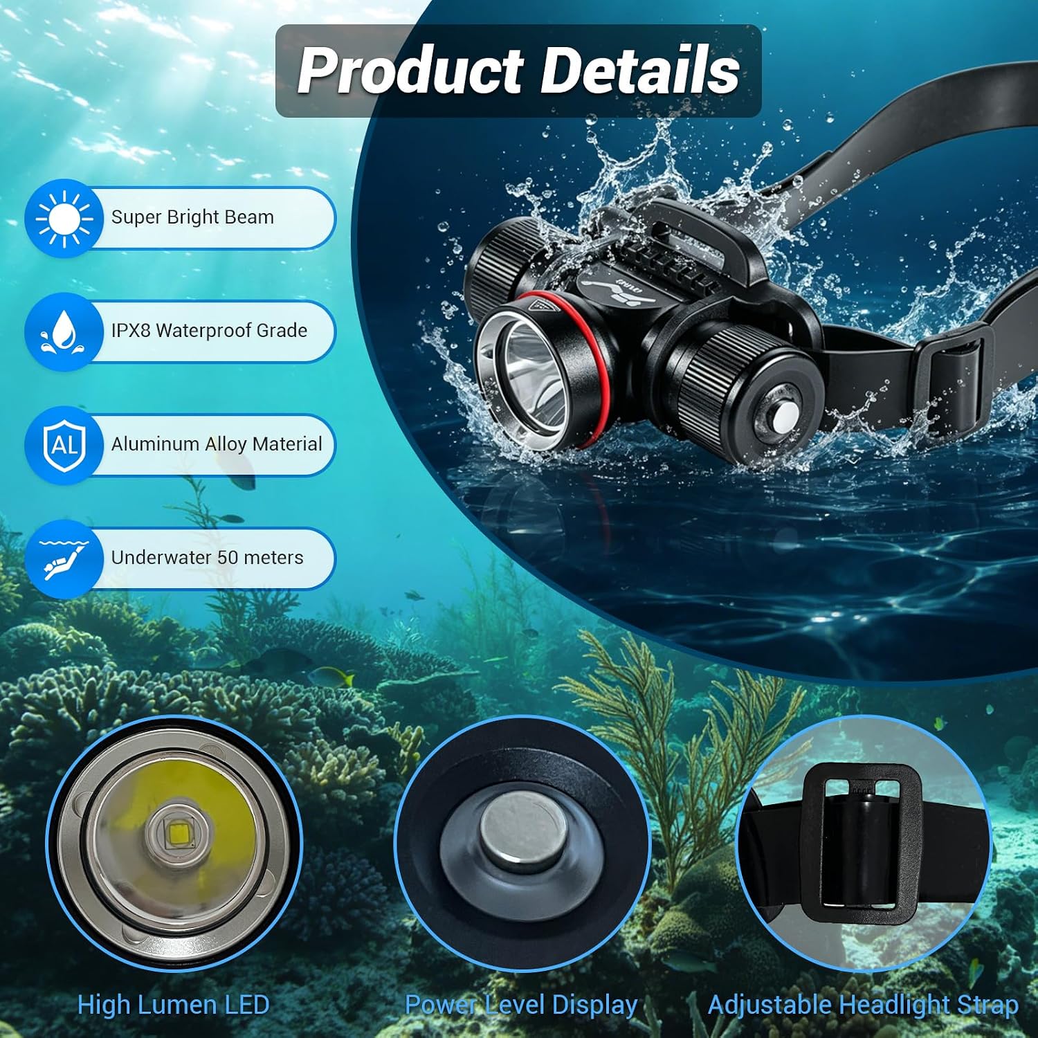 Diving Headlamp Scuba Dive Light, 5 Modes, Bright, Underwater 60m | Hands-free Diving Light, Power Indicator, Rechargeable, IPX8 Waterproof & Dustproof, Aluminum Alloy, Diving/Snorkeling/Caving