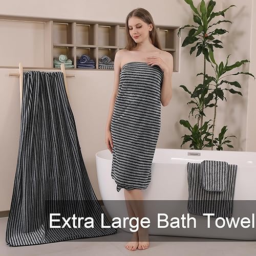 Miniatura 5 de CHINO Juego de 4 toallas de baño extra grandes, color negro, de 35 x 70 pulgadas, suaves, de secado rápido, superabsorbentes, con patrón Wave2,