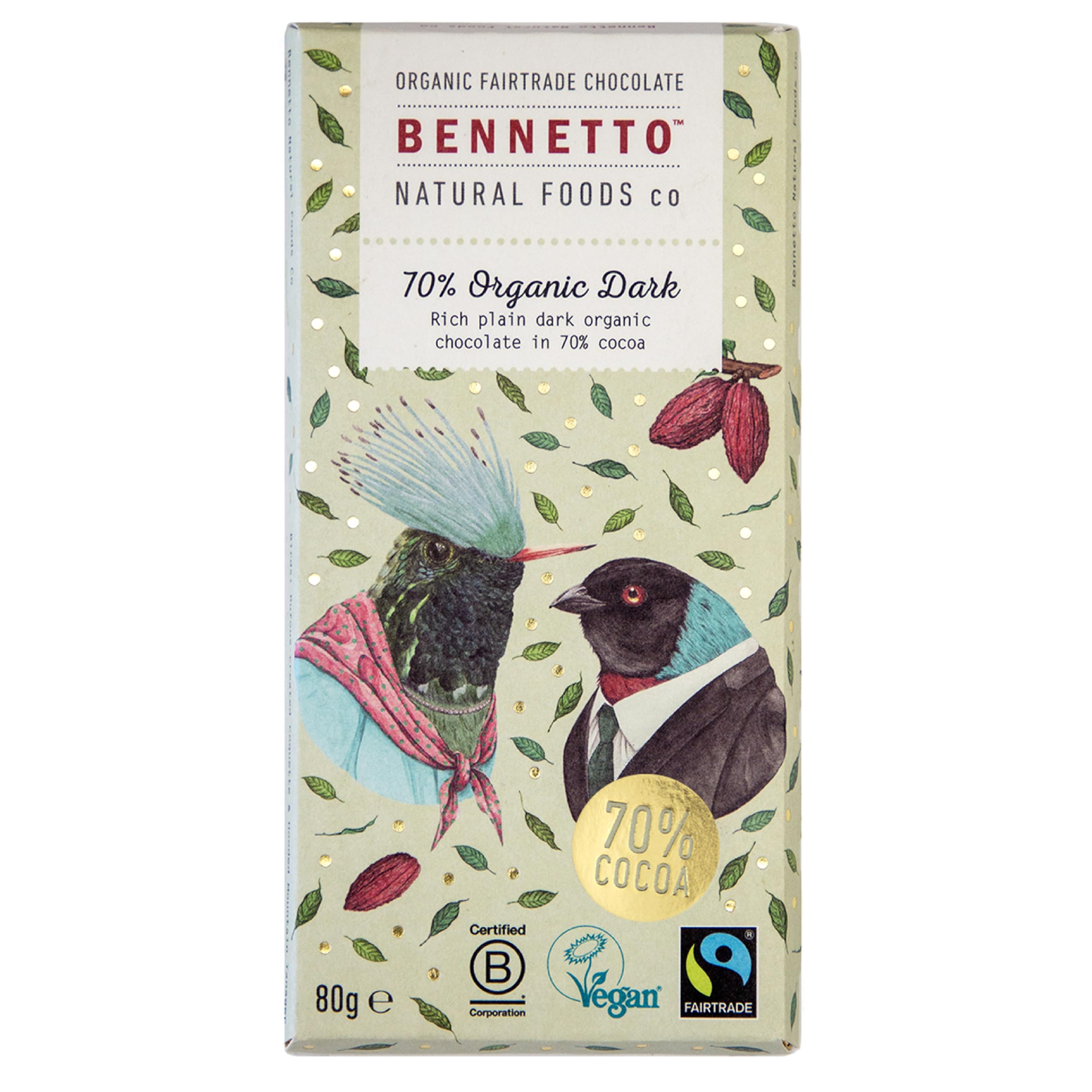 BENNETTO | 70% Organic Dark | Rich, plain dark chocolate. 70% cocoa. Certified organic, Fairtrade, and net climate positive. 1x 80g Bar
