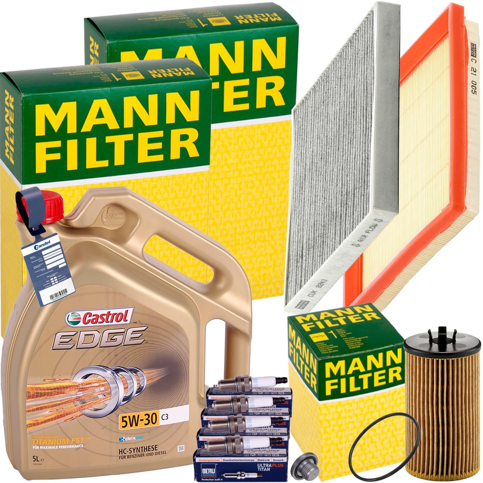Mann Inspektionspaket+5L 5W-30 Öl | HU612/2X+CUK2243+C21005+4x UPT2+1213800200+MN1801 Kompatibel mit Adam (M13)